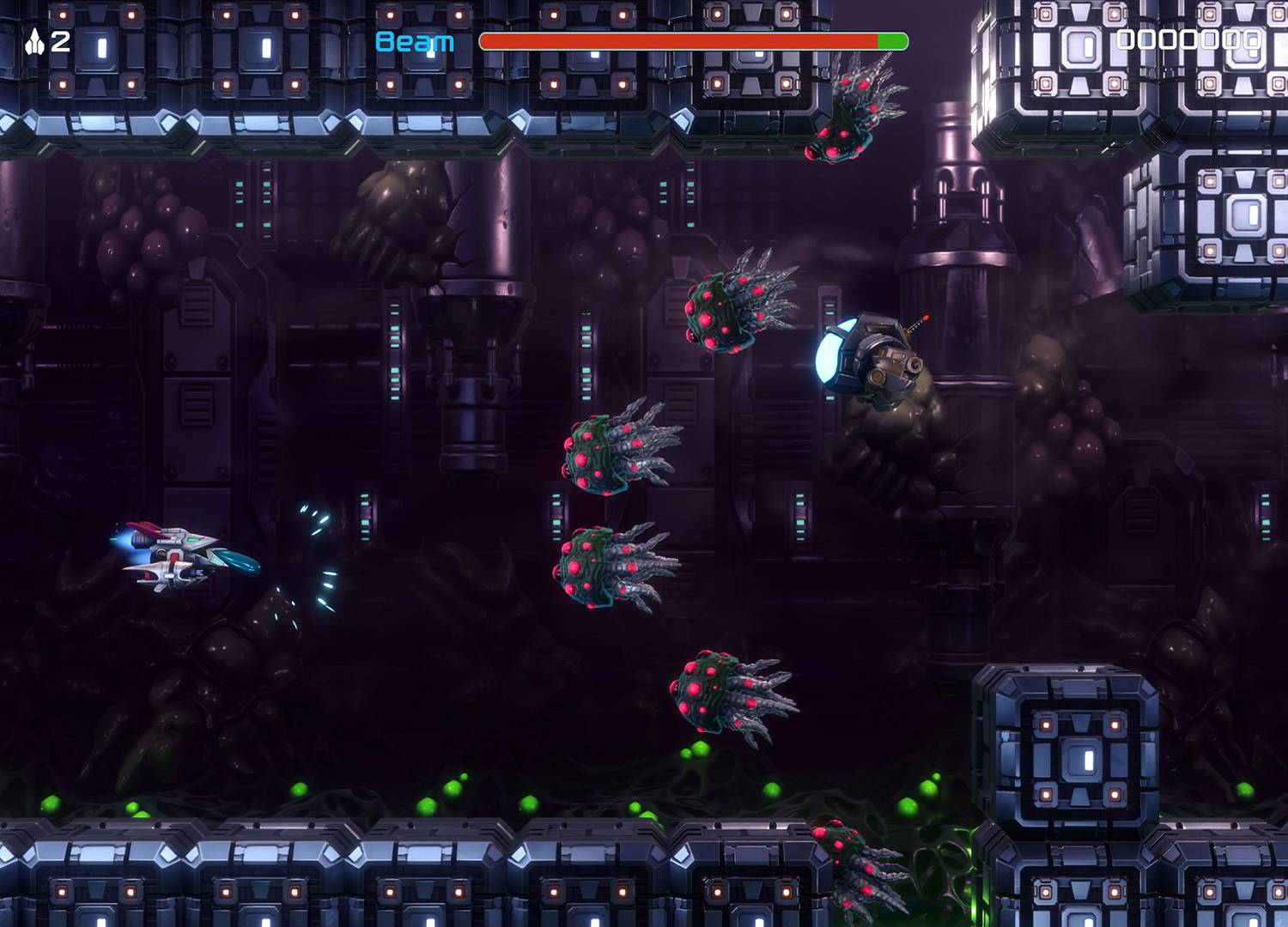 Escena de juego de ciencia ficción. La nave espacial dispara a criaturas con forma de medusa. El fondo tiene estructuras oscuras y orgánicas y orbes brillantes verde neón.