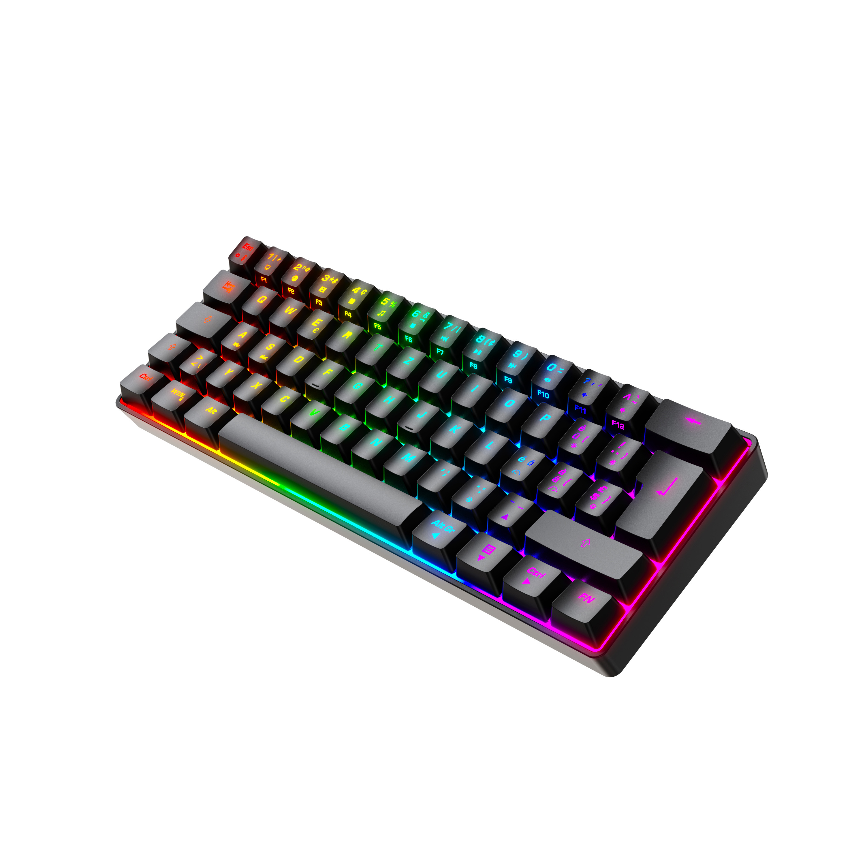 Un clavier mécanique noir 60 % avec éclairage RVB. Les touches sont illuminées en plusieurs couleurs.