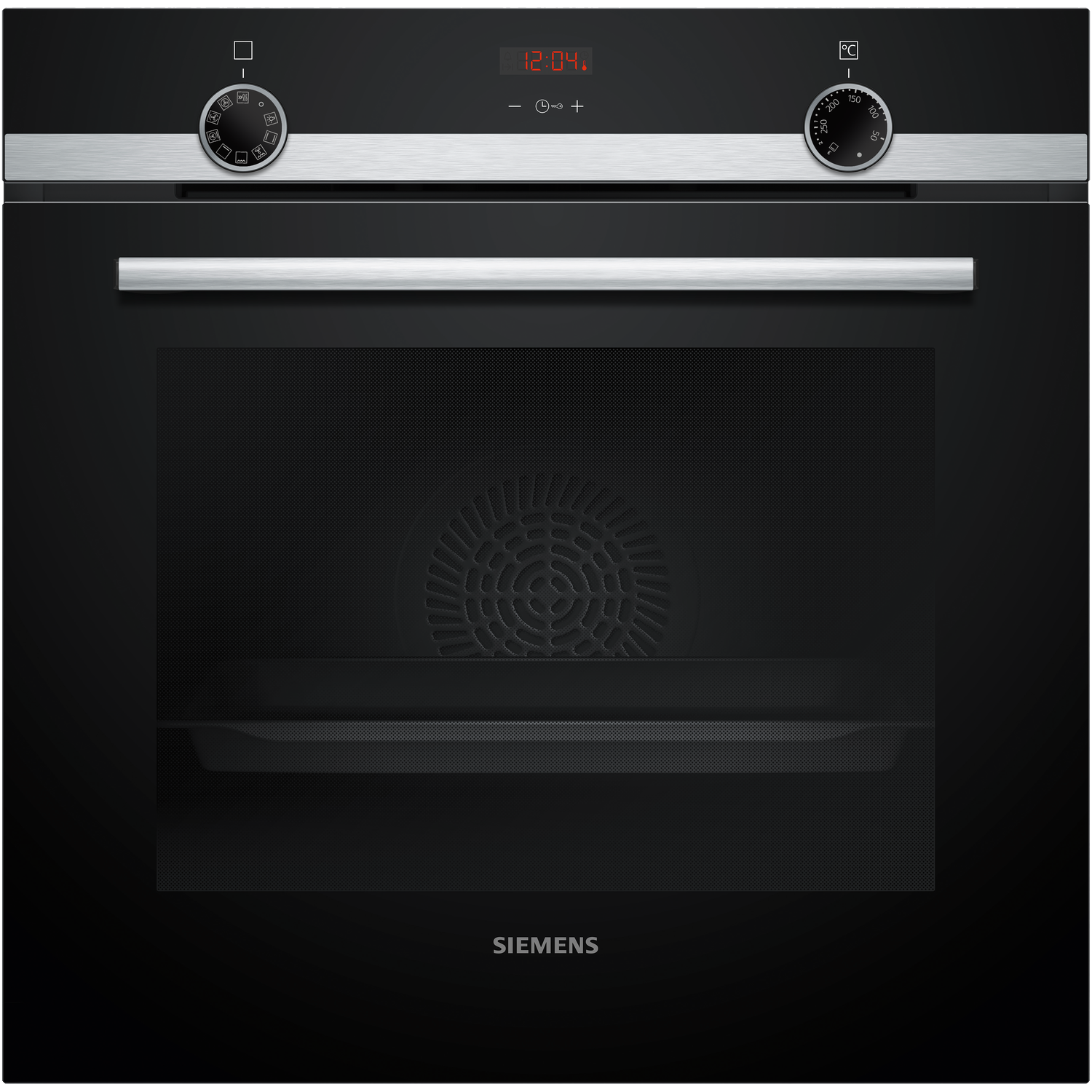 Zwarte Siemens oven met digitale klok, draaiknoppen en glazen deur. De binnenkant heeft een ventilator en rek.