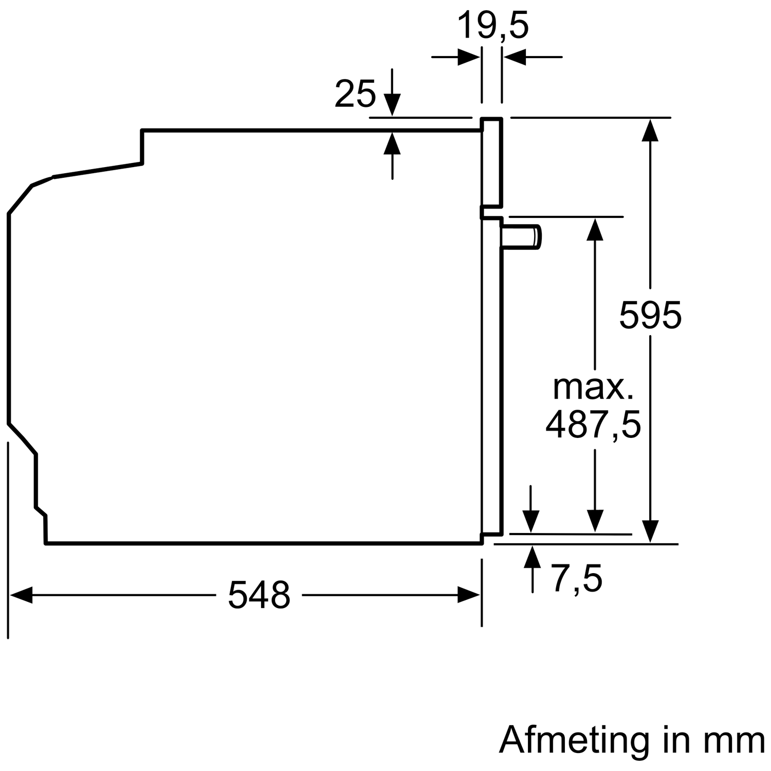 Schema van een oven met afmetingen in mm. Maten: 548, 595, max. 487,5, 7,5, 19,5 en 25. Tekst: 'Afmeting in mm'.