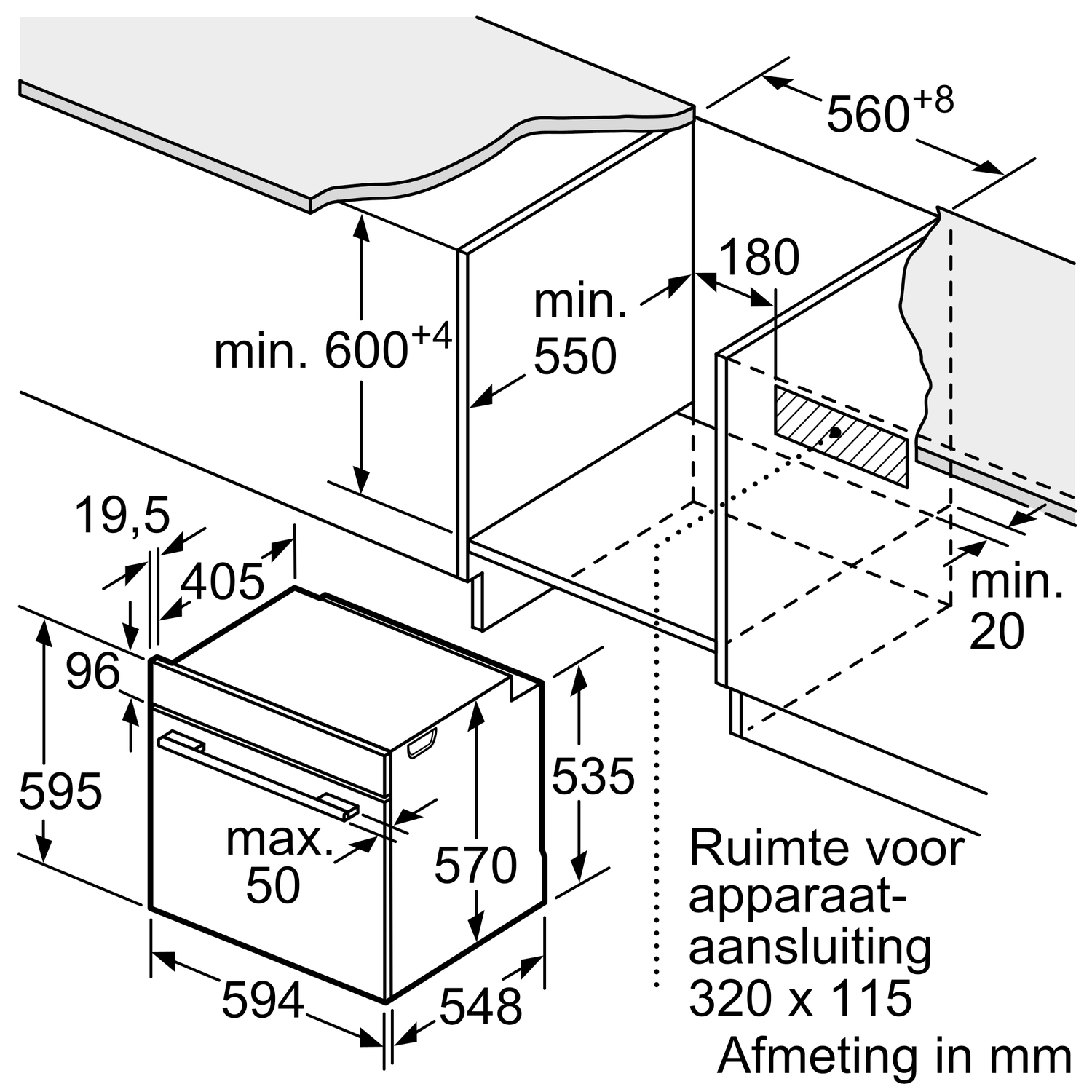 Diagram met ovenafmetingen voor installatie, inclusief hoogte, breedte en diepte in millimeters.