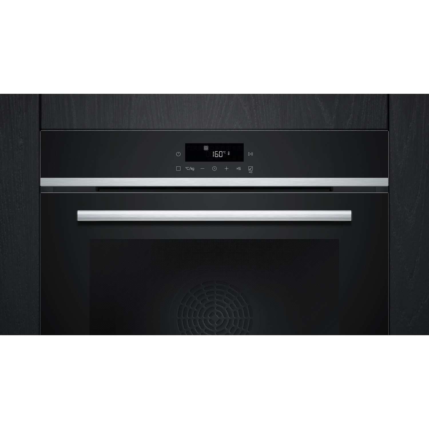 A black oven with a digital display showing 160 degrees. It has a silver handle and controls.