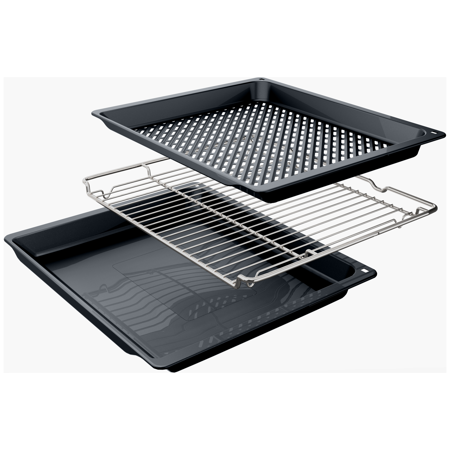 Three oven trays are displayed: a perforated tray, a wire rack, and a solid tray, all in dark gray, set against a white background.