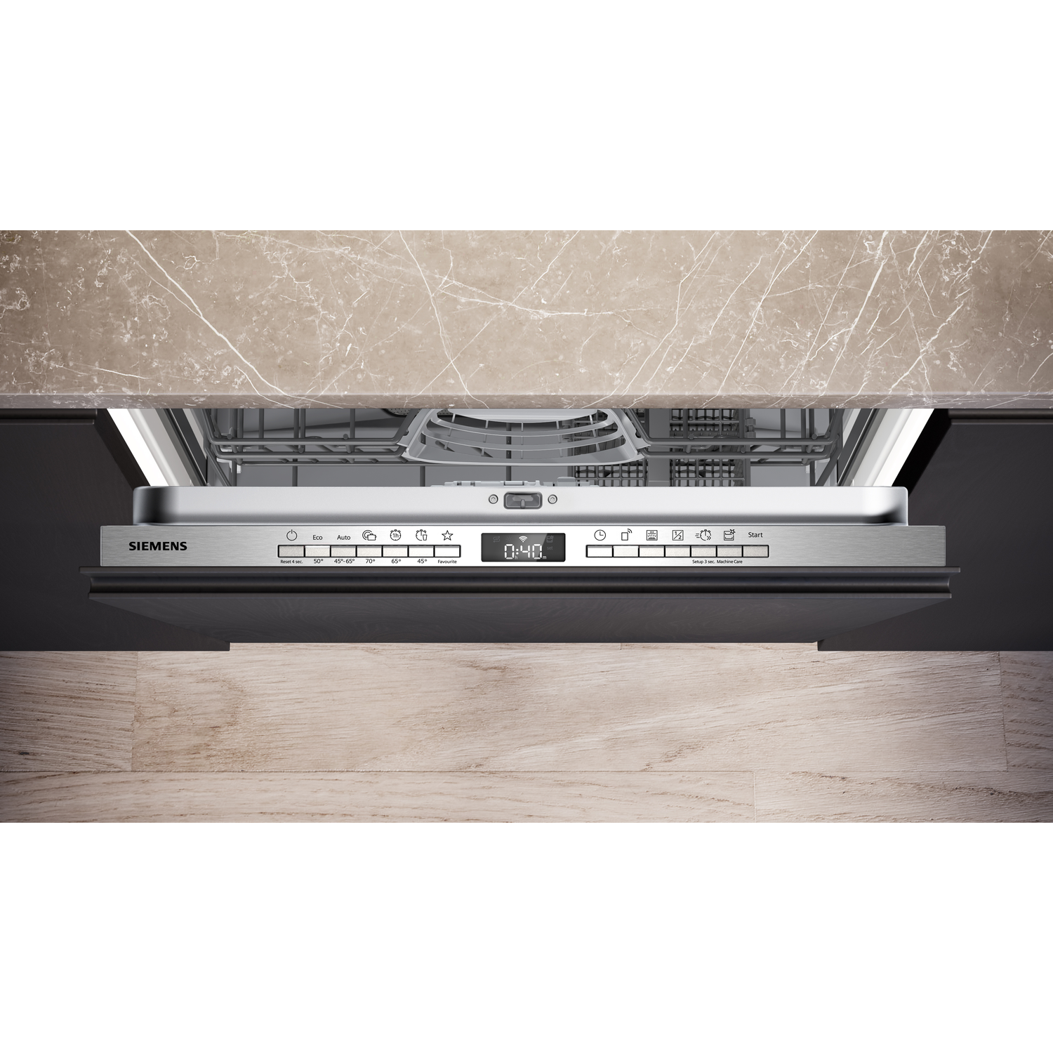 Open dishwasher with control panel showing settings and timer.  It is built into a wooden cabinet with a marble countertop.