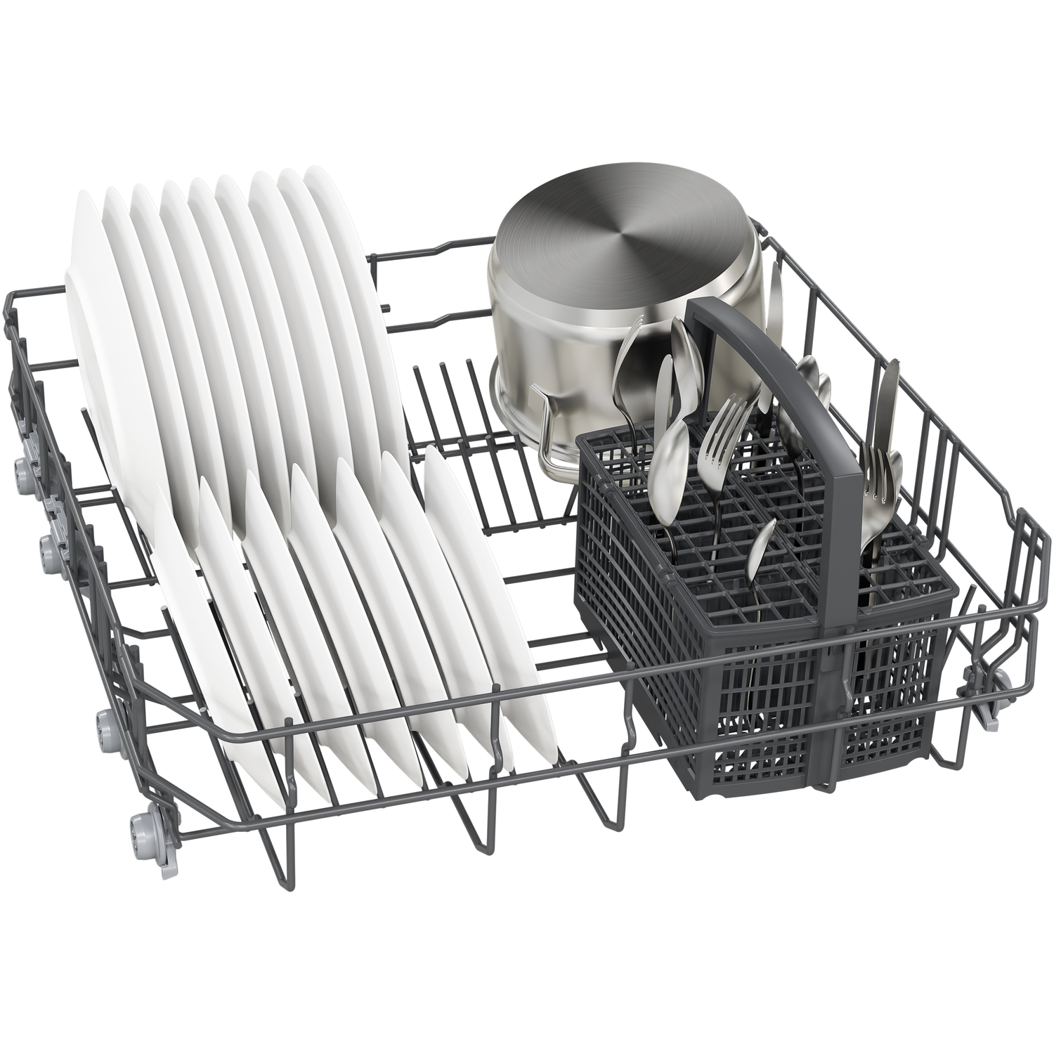 Dishwasher rack with white plates, stainless steel pot, silverware basket, forks, spoons, knives, all on a white background.