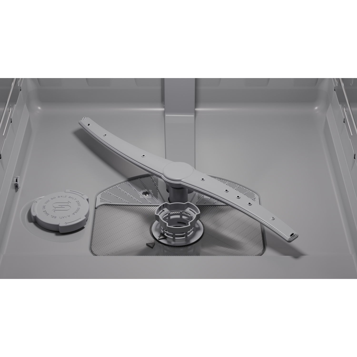 Inside of a dishwasher, gray plastic components. A rotating arm, a filter, and a salt container are visible.