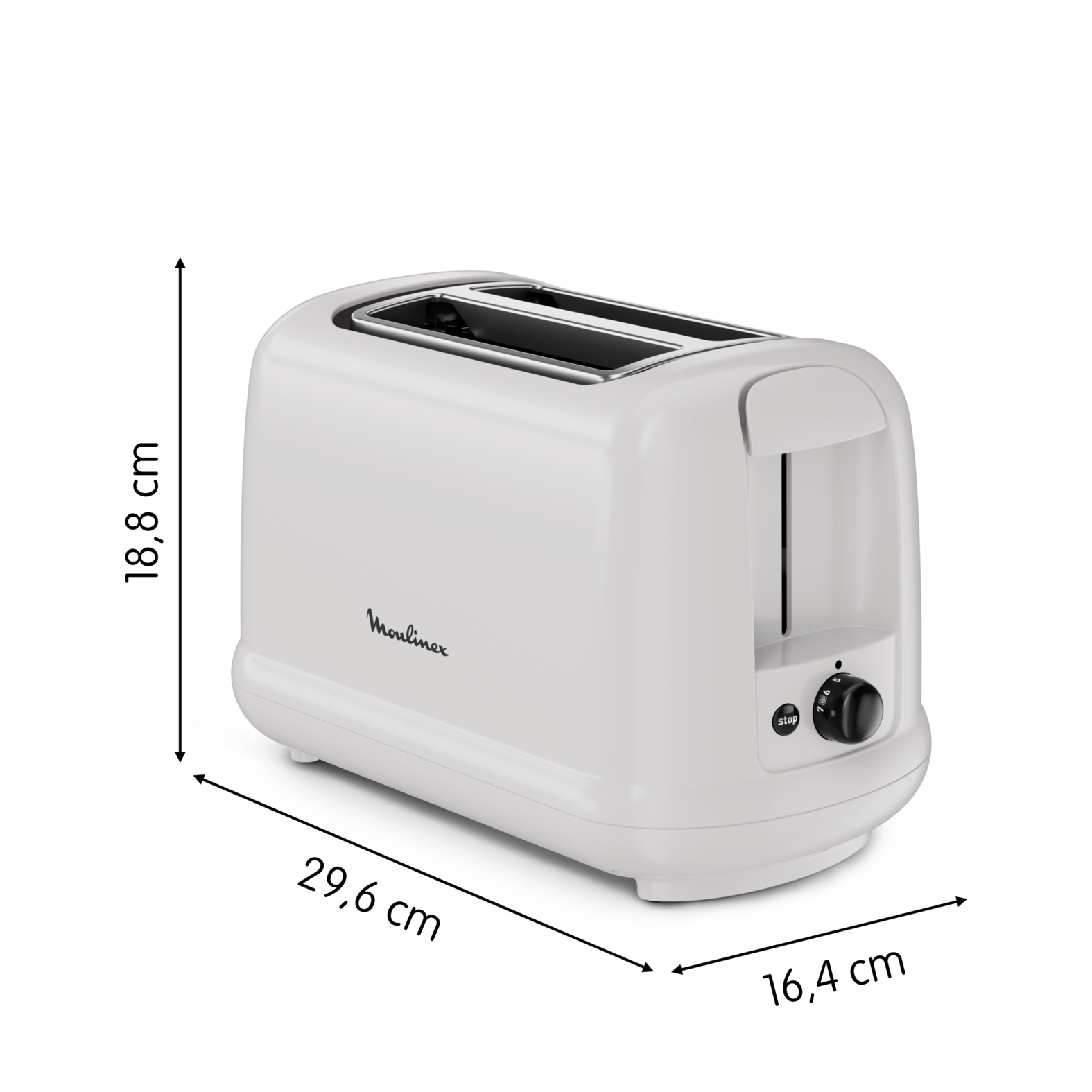Una tostadora Moulinex blanca con dimensiones: 29,6 cm largo, 18,8 cm alto y 16,4 cm ancho. Tiene un botón de parada.