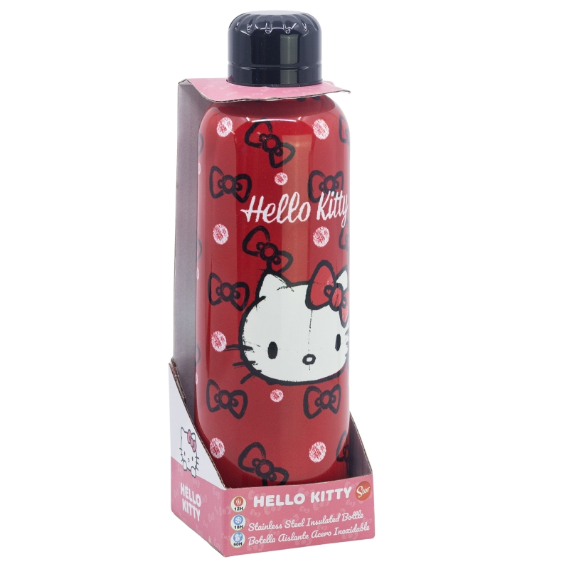 Una botella de agua de Hello Kitty en una caja. Es roja con lazos y la cara del personaje. Tapa negra.