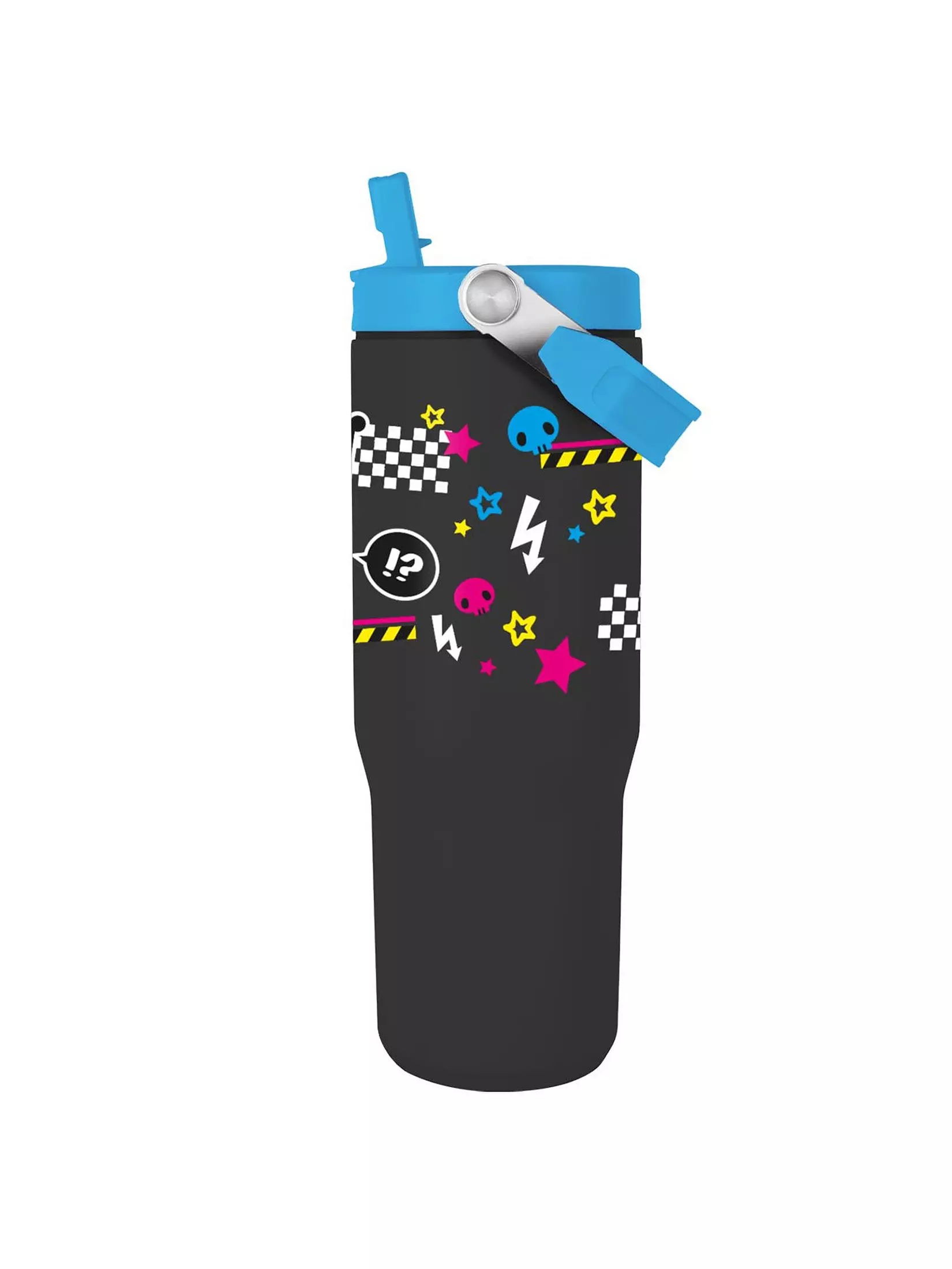 Una botella de agua negra con tapa azul y decoraciones, incluyendo estrellas, calaveras y signo de exclamación.