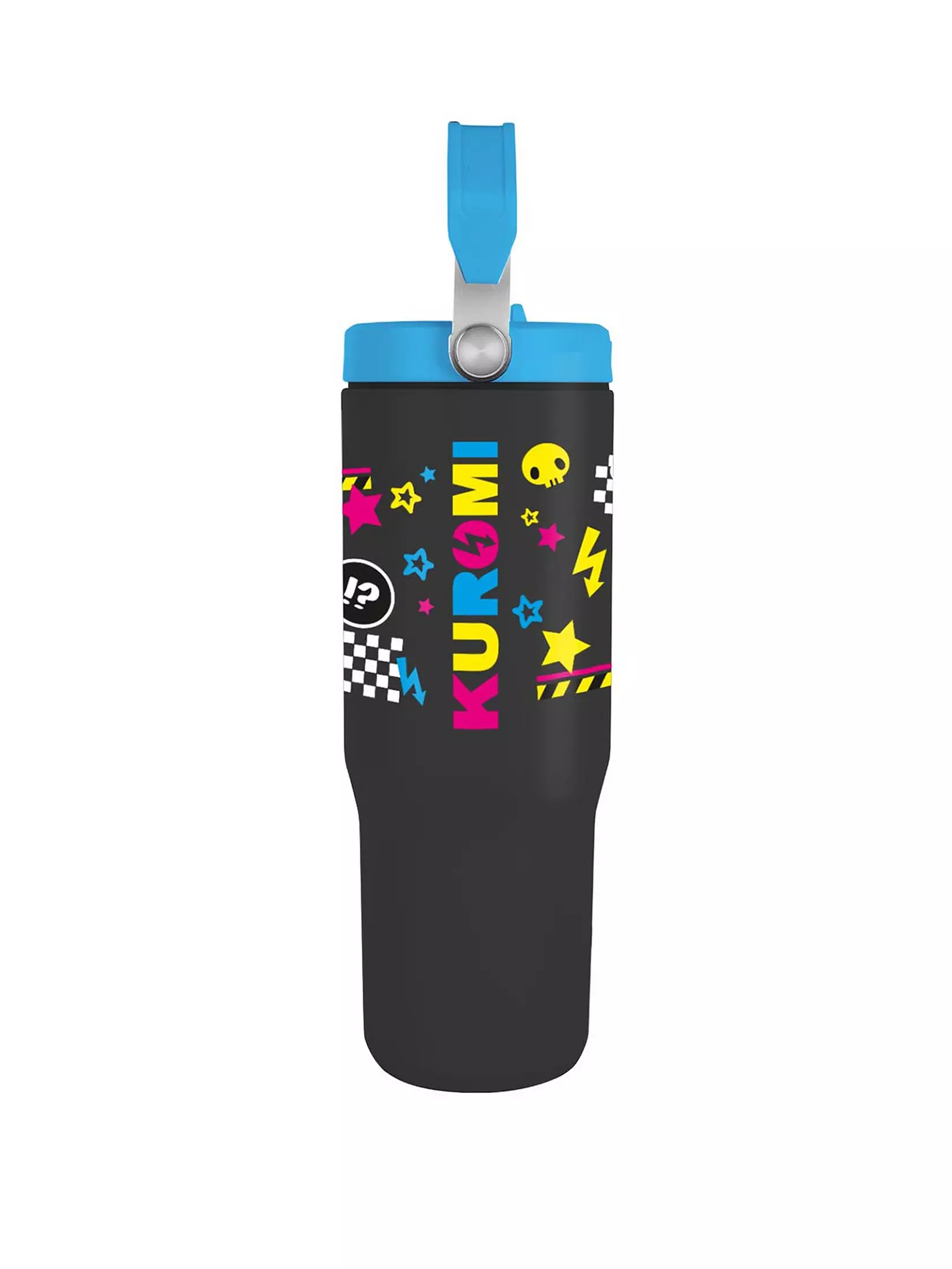 Botella de agua negra con tapa y asa azules. Tiene gráficos de Kuromi y estrellas en rosa, amarillo y azul.