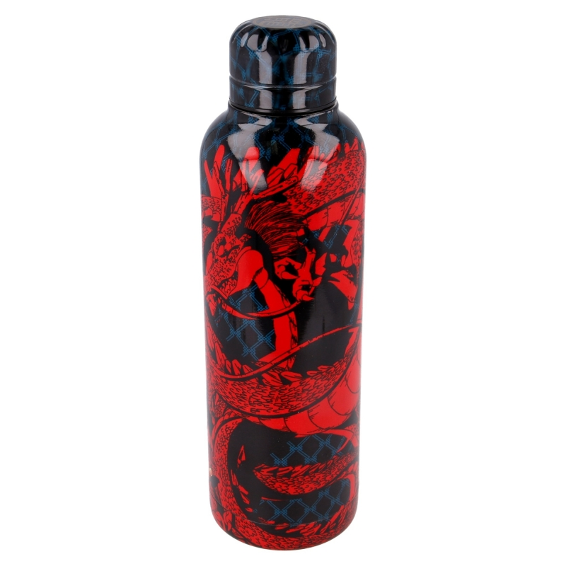 Una botella de agua con diseño de dragón. La botella tiene un fondo negro con un diseño de dragón rojo. La tapa es negra y azul.