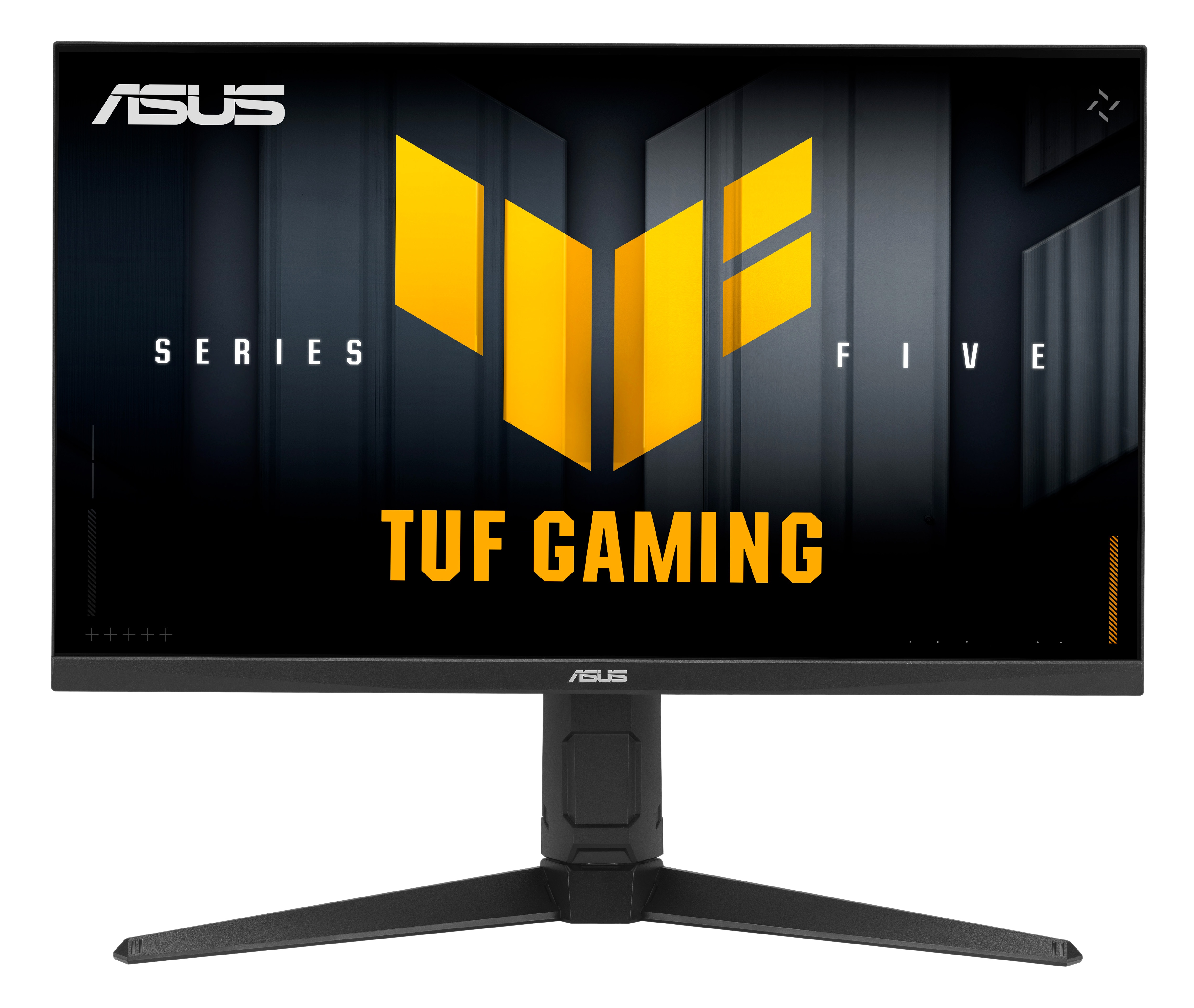 Monitor ASUS TUF Gaming. Czarna ramka, stojak. Żółte logo TUF. Czarne tło. Tekst: SERIES FIVE, TUF GAMING.
