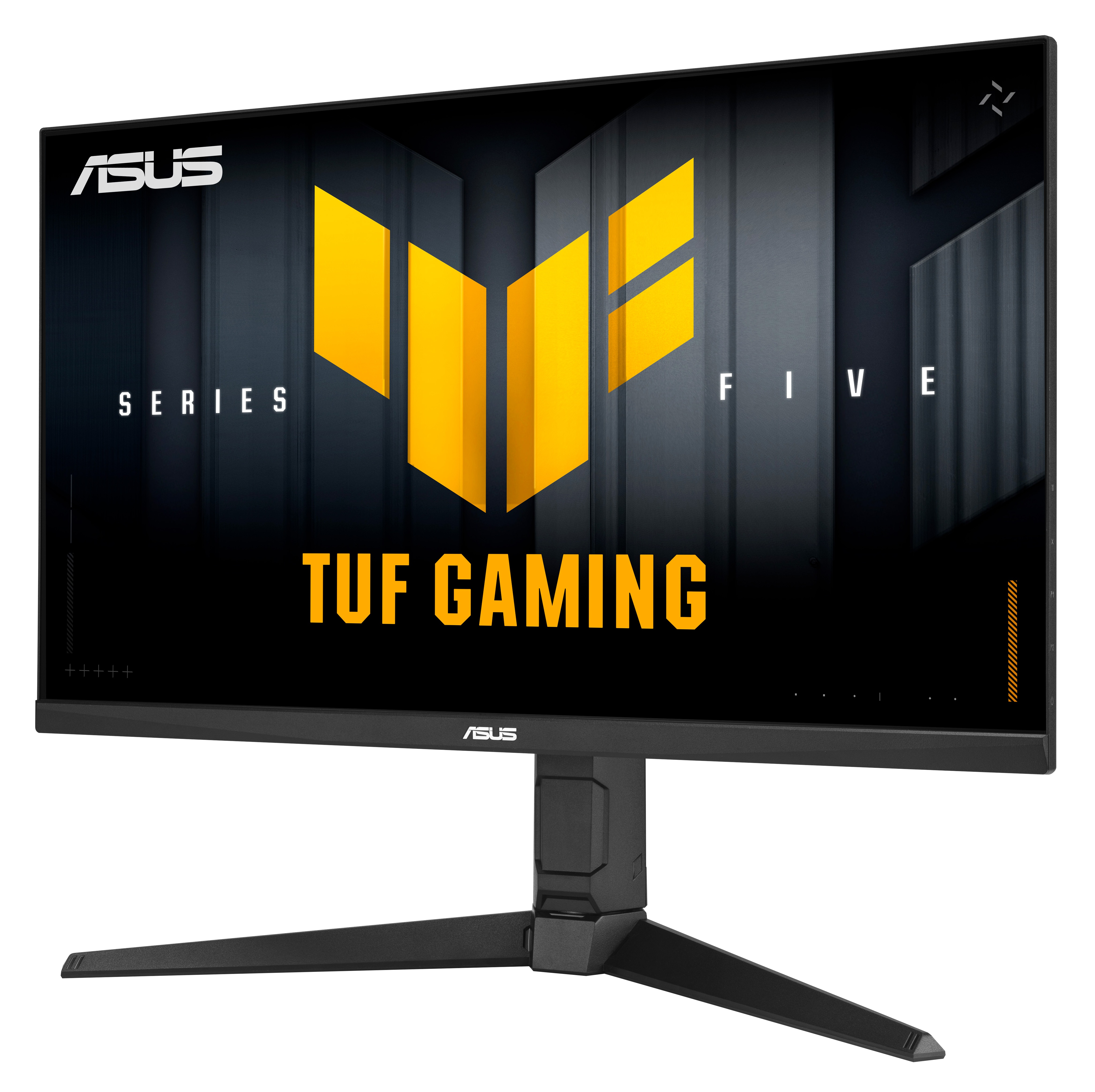 Monitor ASUS TUF do gier. Czarna ramka, stojak i podstawa. Wyświetlacz pokazuje logo i tekst w kolorze żółtym na czarnym tle.