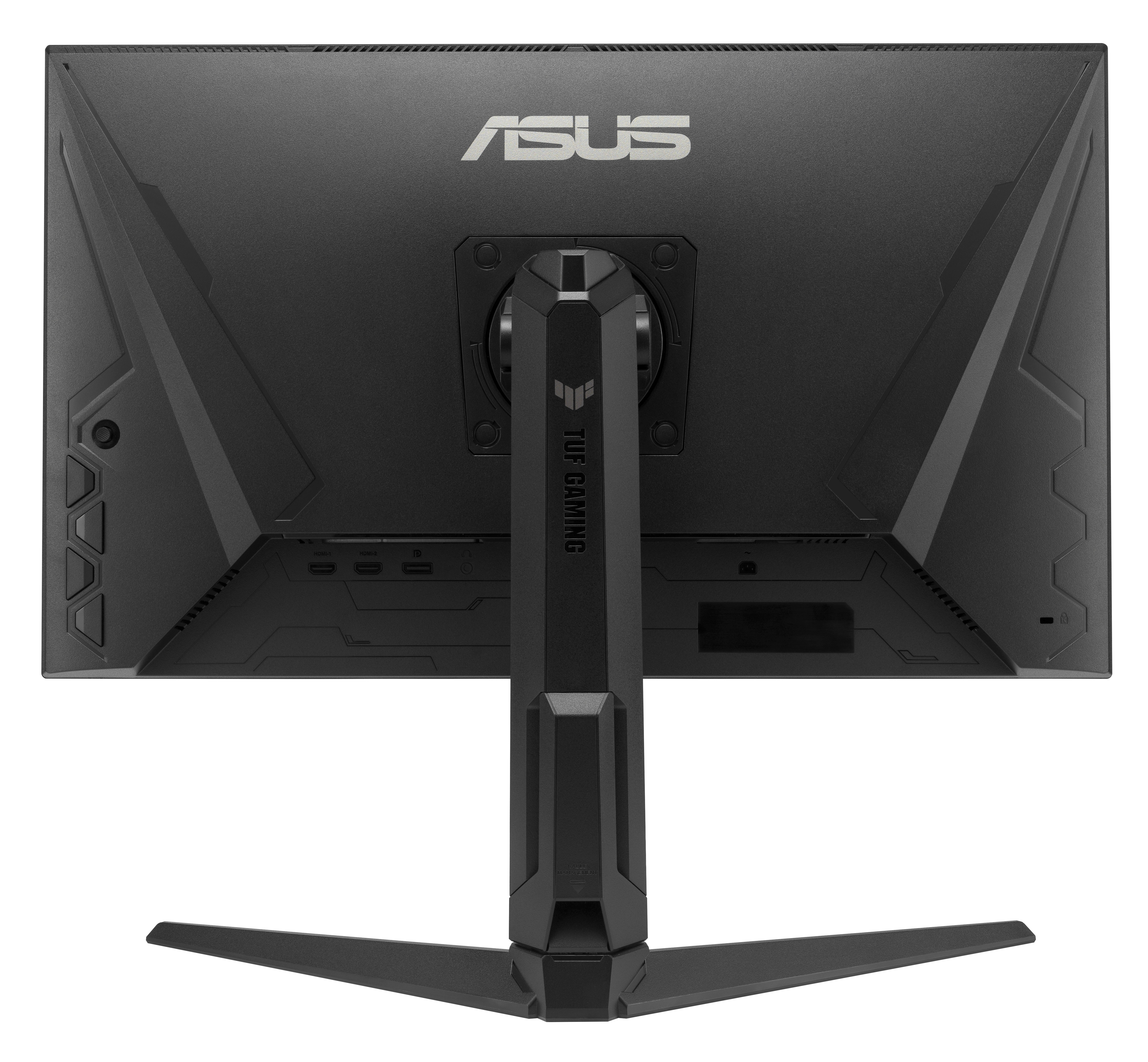 Tył czarnego monitora komputerowego z logo ASUS, podstawą i portami. TUF GAMING jest napisane na podstawie.
