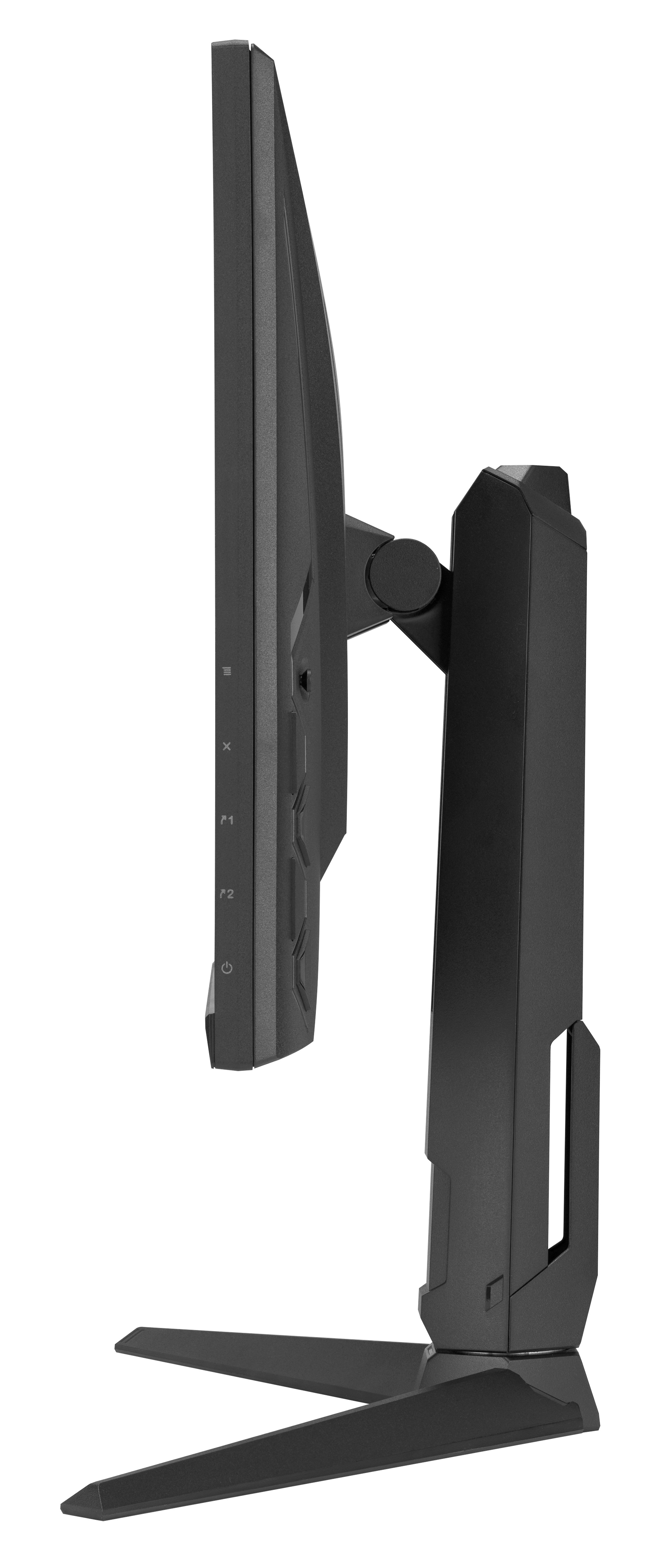 Widok z boku czarnego monitora komputerowego. Ma podstawę, regulowane ramię i przyciski z boku. Tło jest białe.