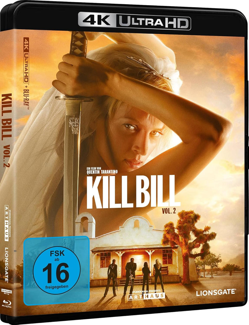 Kill Bill Vol. 2 DVD-Cover. Eine Frau hält ein Schwert. Im Hintergrund sind ein Gebäude und Figuren zu sehen. Das Cover ist schwarz.