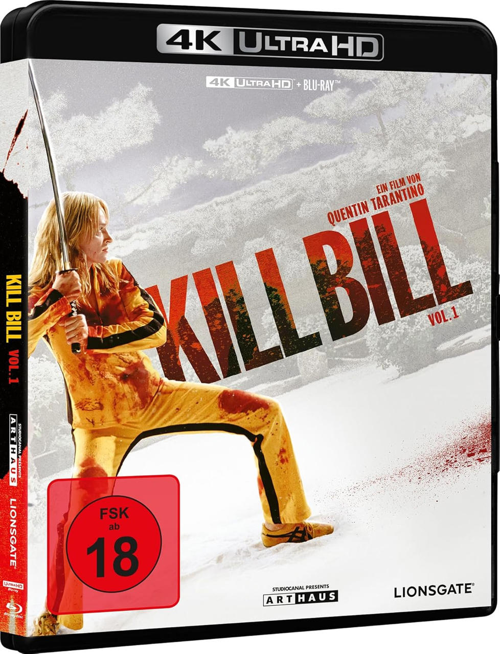 Kill Bill Vol. 1 Blu-Ray-Cover. Eine Frau in einem gelben Trainingsanzug hält ein Schwert. Titel und Quentin Tarantinos Name sind sichtbar.