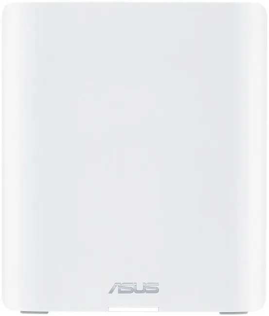 Biały router ASUS o zaokrąglonych krawędziach. Logo ASUS na dole. Urządzenie stoi na białej powierzchni.