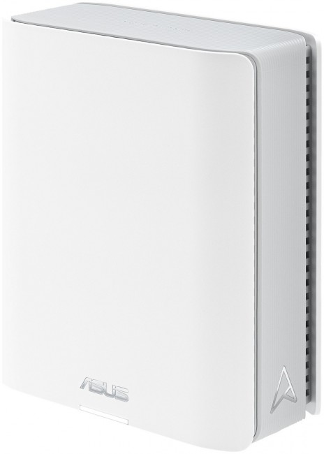 Biało-szary router ASUS. Przód jest biały z logo ASUS. Bok jest szary z otworami wentylacyjnymi i logo.