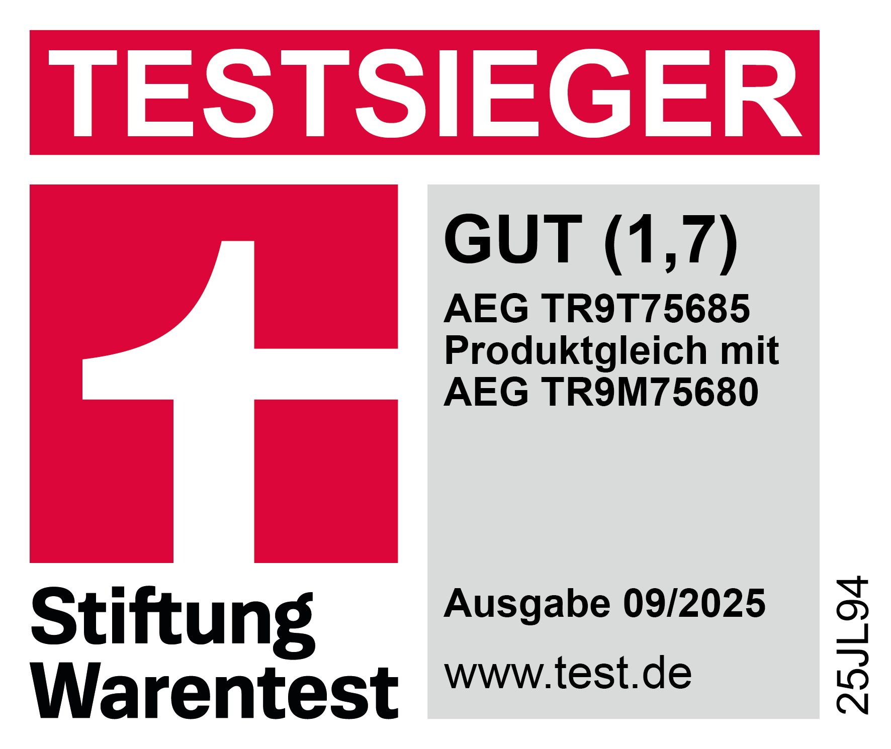 Das Bild zeigt ein rot-weißes Logo mit Text. Der Text enthält 'TESTSIEGER', 'GUT (1,7)' und 'Stiftung Warentest'.
