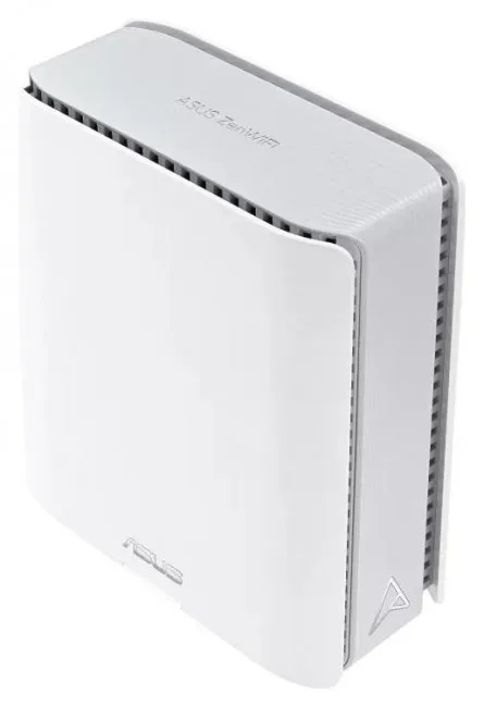 Biało-szary router ASUS ZenWiFi. Posiada otwory wentylacyjne po bokach i na górze. Widoczne jest logo ASUS.