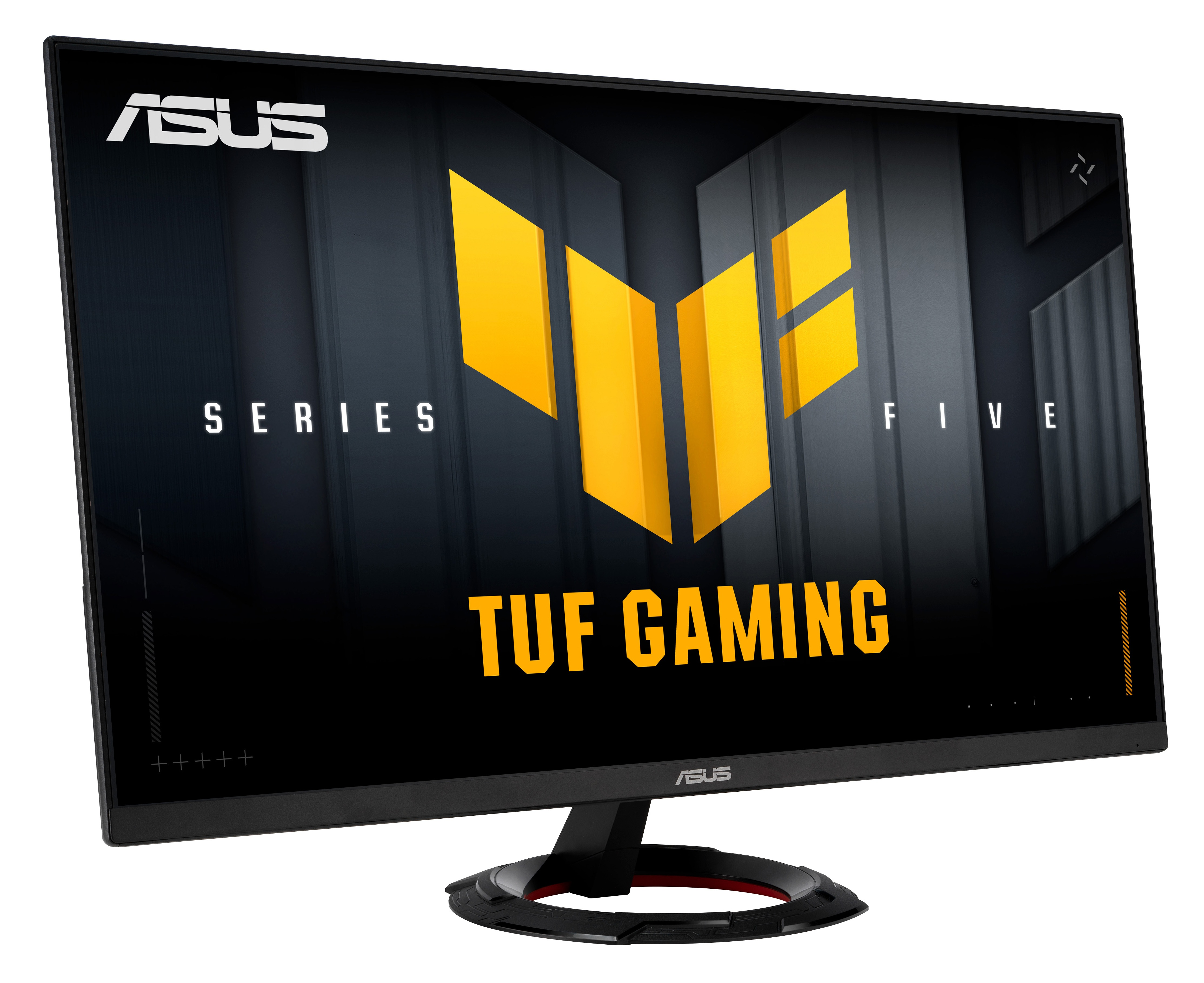 Monitor ASUS TUF Gaming. Czarna ramka, żółte logo i tekst na ekranie. Białe tło.