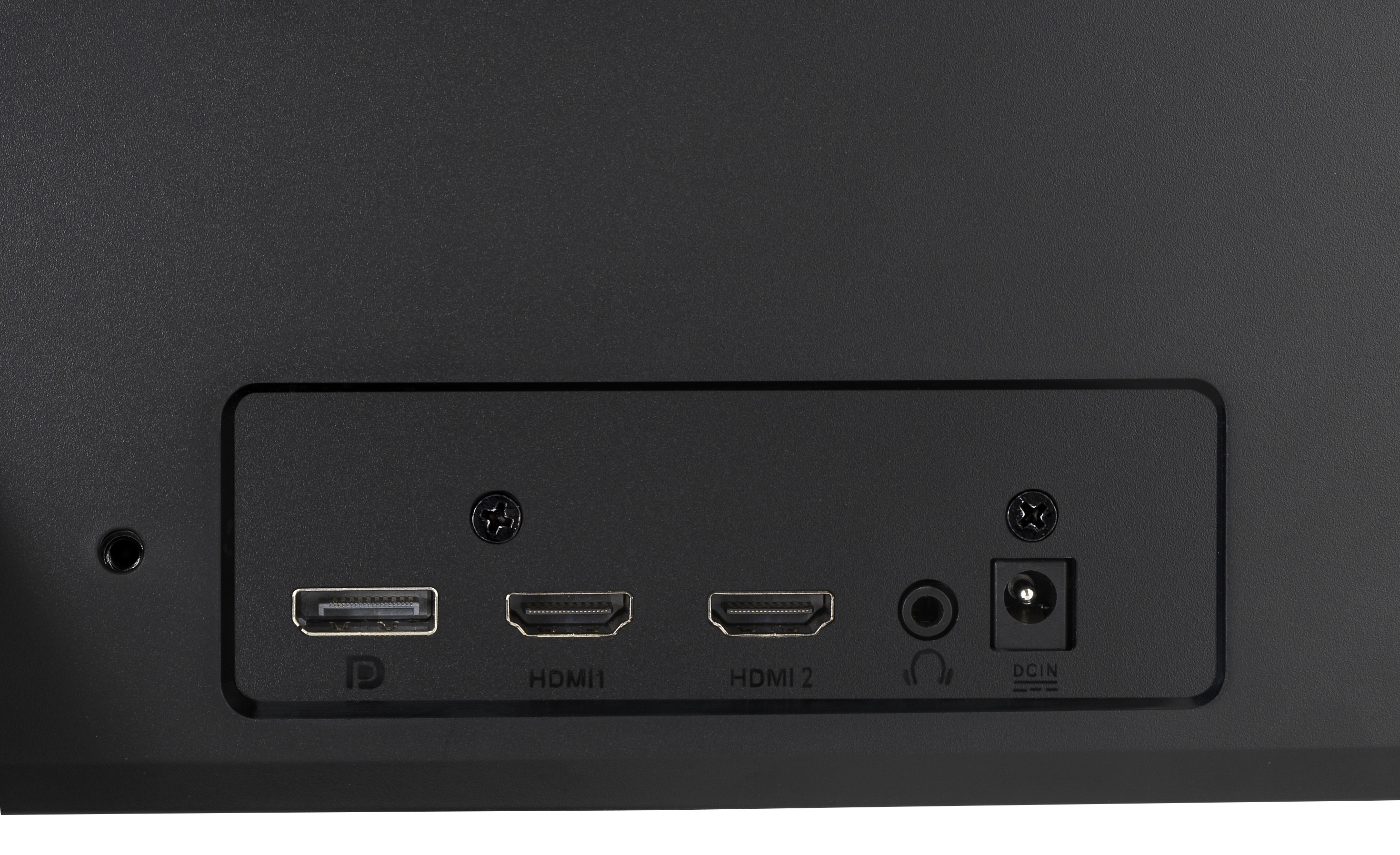 Zbliżenie tylnego panelu monitora. Posiada różne porty: DisplayPort, HDMI 1 i 2, audio i wejście zasilania. Wszystko jest czarne.