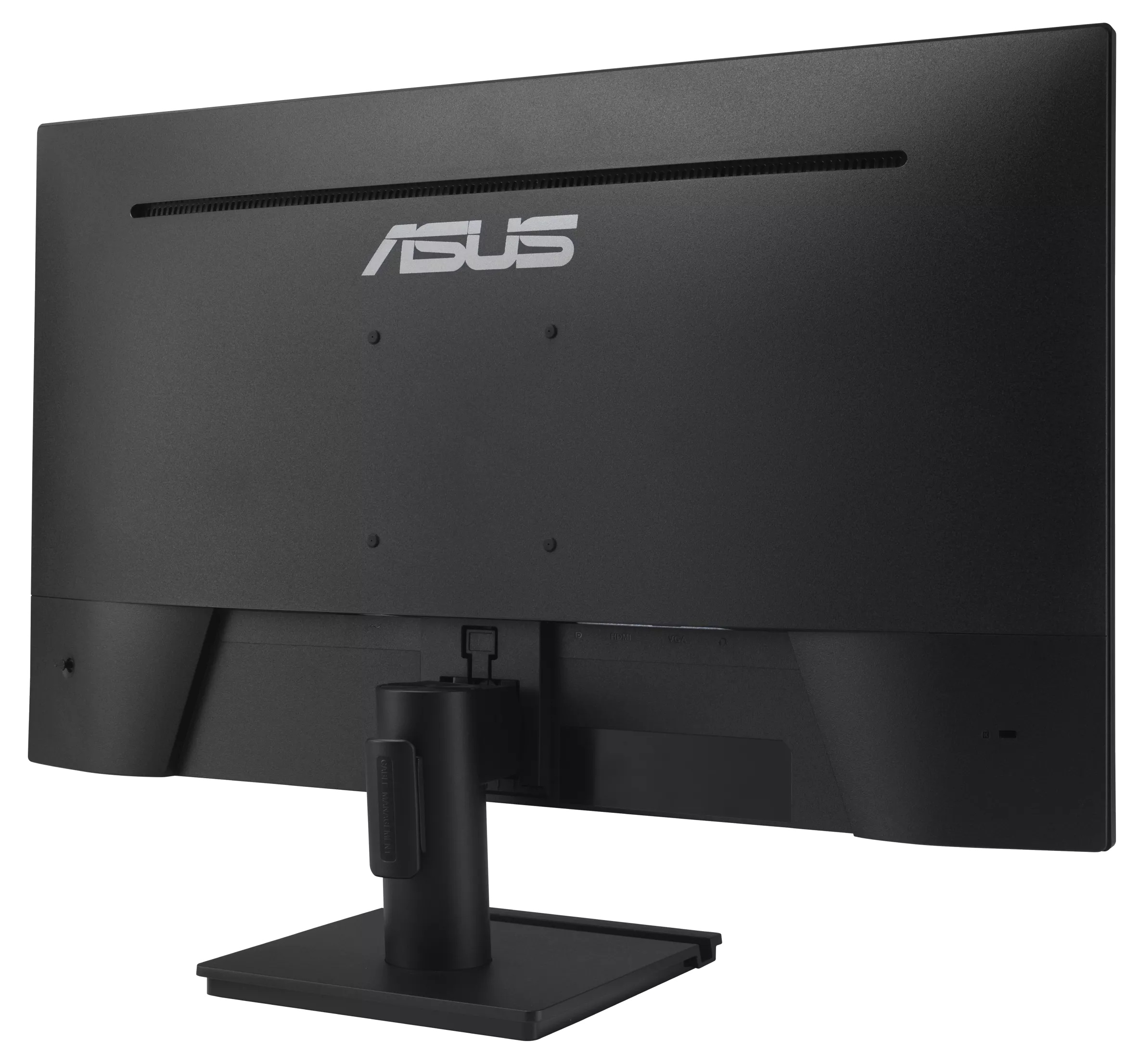 Pokazano tył czarnego monitora ASUS. Ma logo ASUS i podstawę. Kabel zasilający jest podłączony.