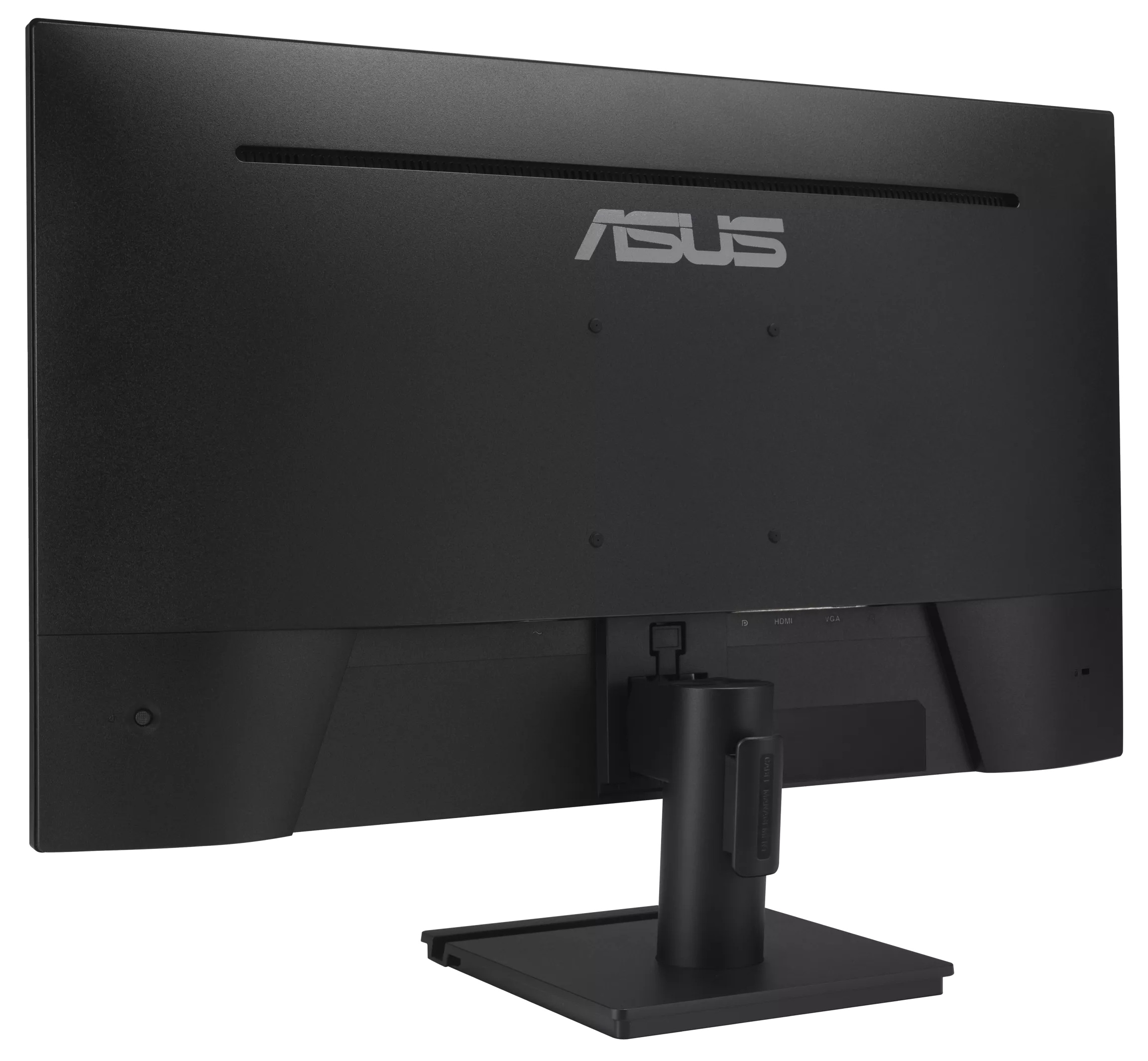 Widoczny jest tył czarnego monitora ASUS. Ma logo, porty i podstawkę.