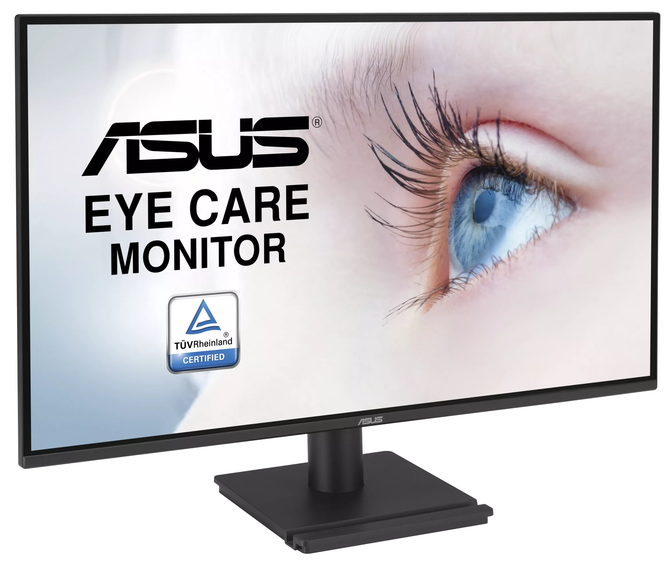 Monitor ASUS Eye Care. Wyświetlacz pokazuje niebieskie oko. Tekst brzmi ASUS EYE CARE MONITOR, z logo certyfikacji.