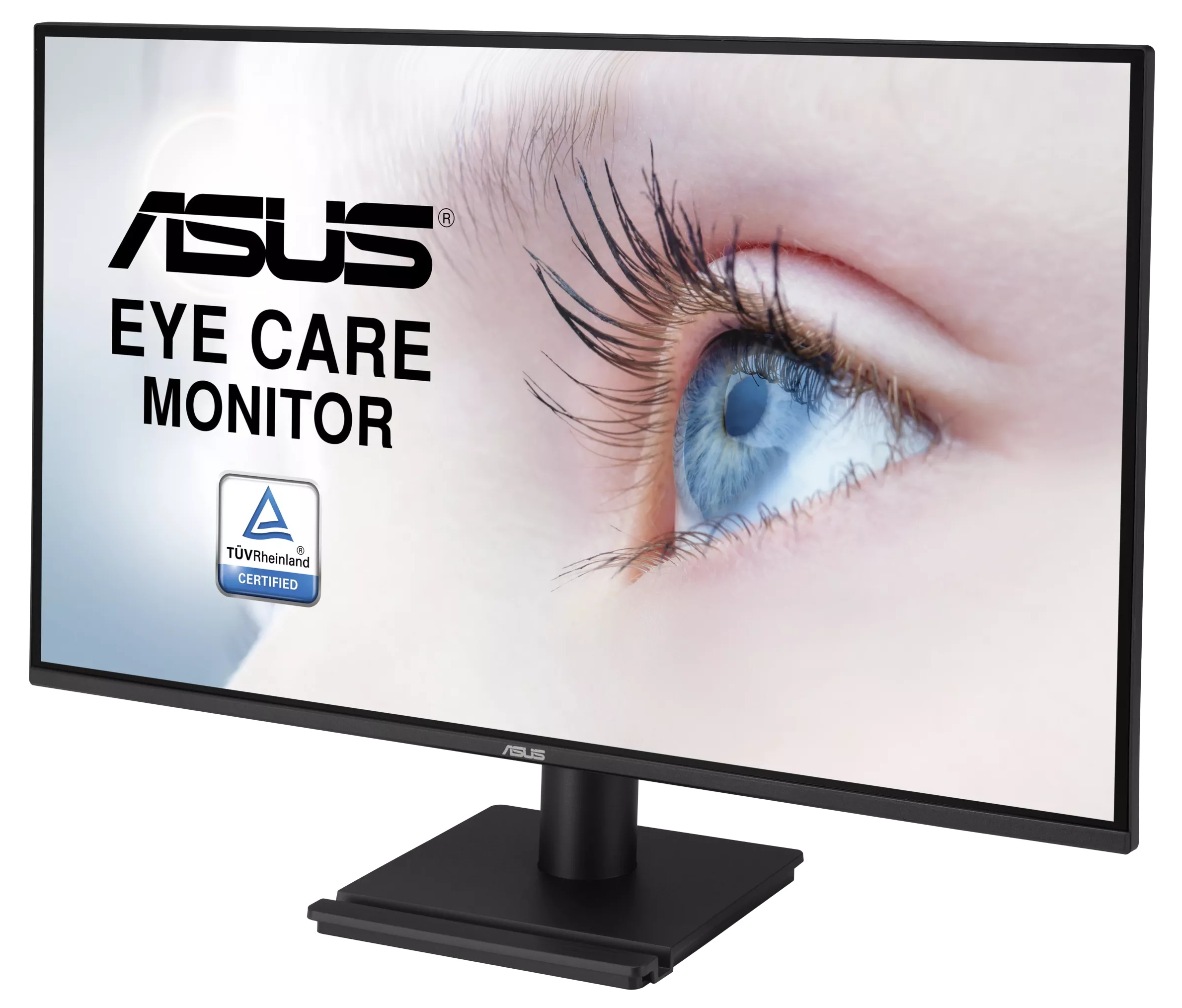 Monitor ASUS Eye Care. Wyświetlacz pokazuje zbliżenie niebieskiego oka. Czarna ramka i podstawa monitora.