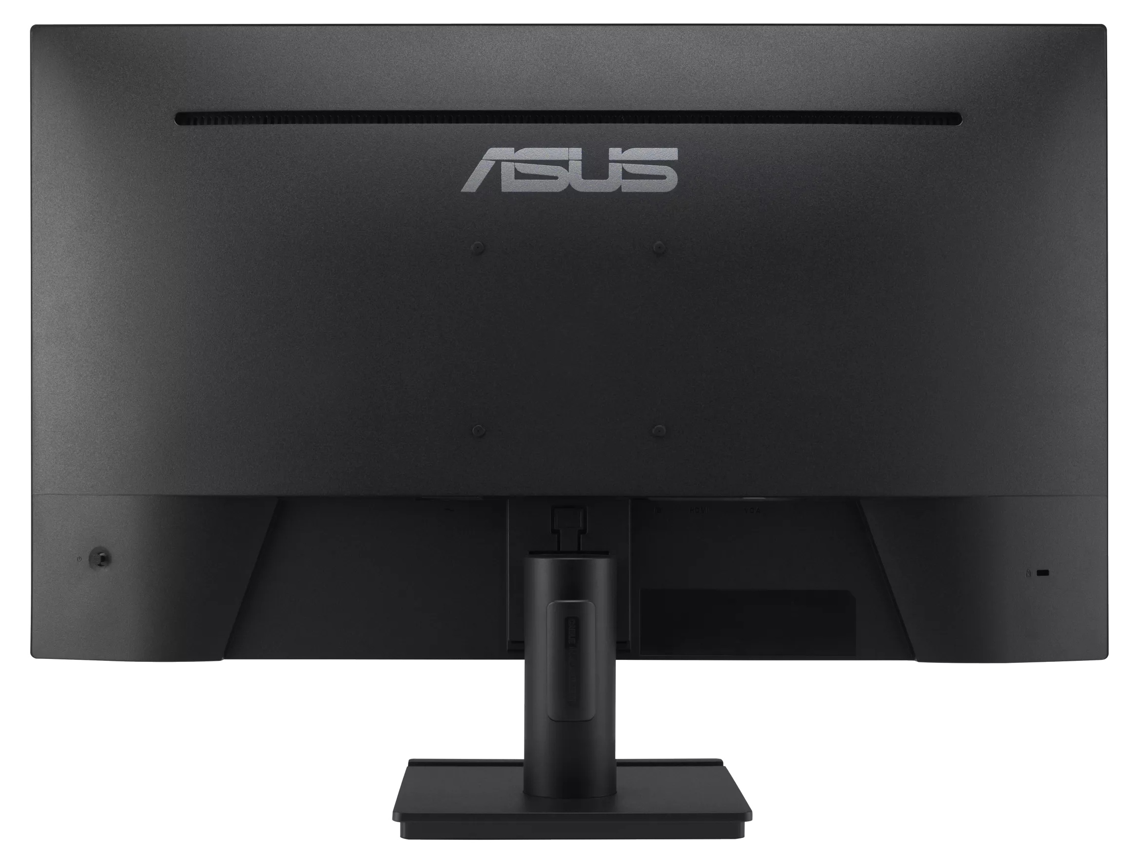 Widok z tyłu czarnego monitora ASUS. Posiada logo ASUS i podstawę.
