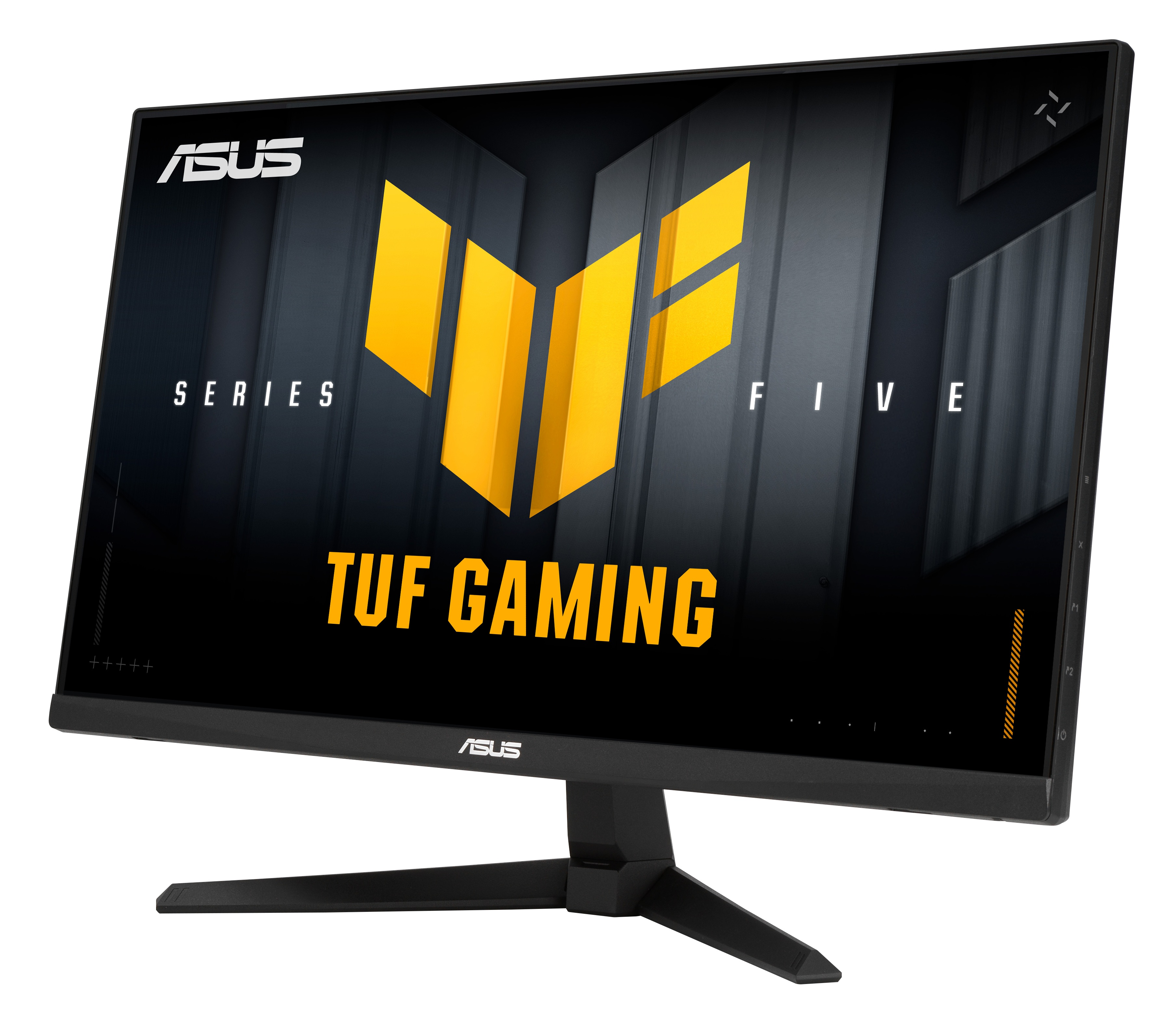 Monitor ASUS TUF Gaming. Czarna ramka, czarny stojak, żółte logo na ekranie.