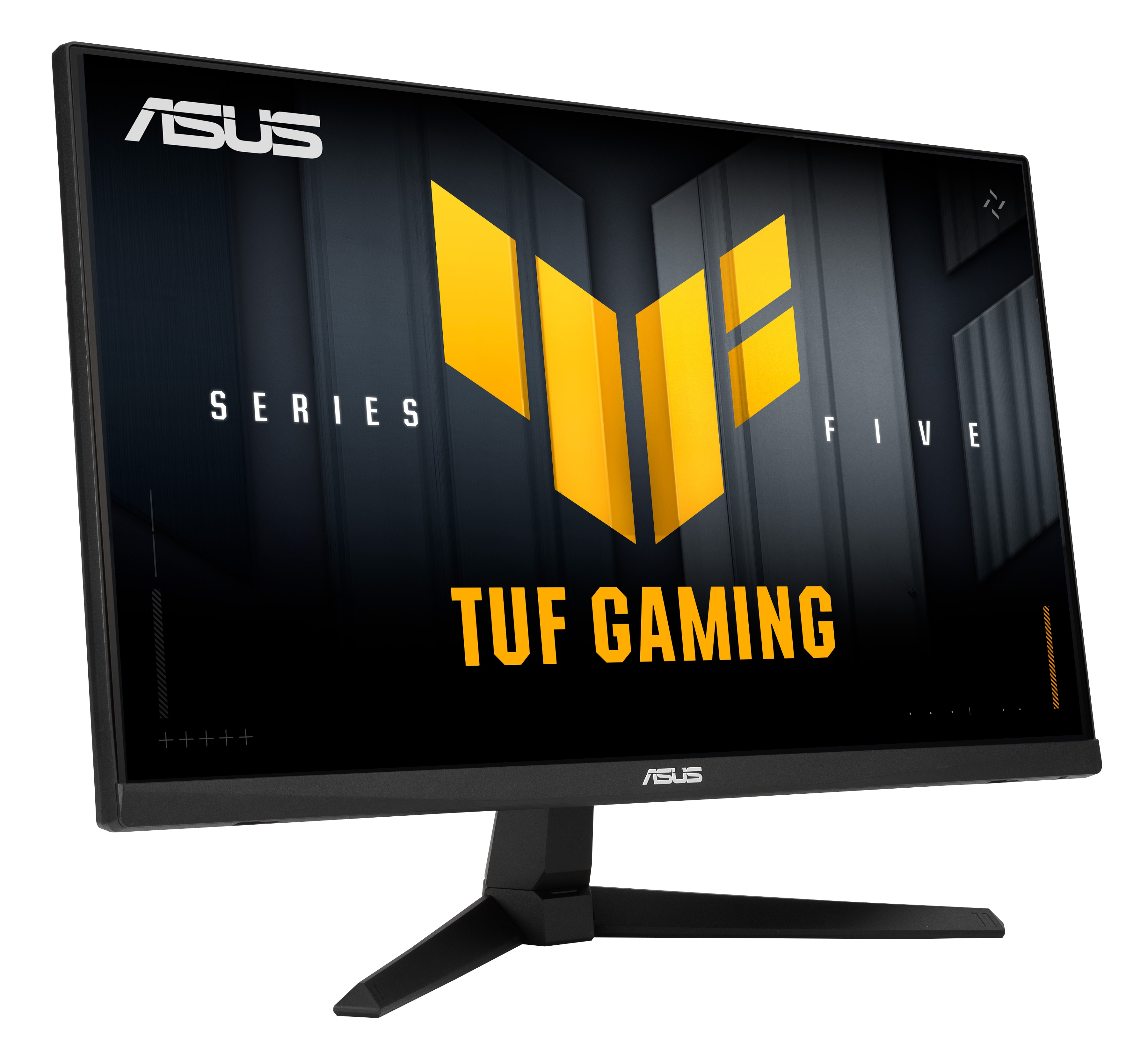 Monitor ASUS TUF Gaming. Czarna ramka, czarna podstawa, ekran z logo i tekstem, żółte akcenty.