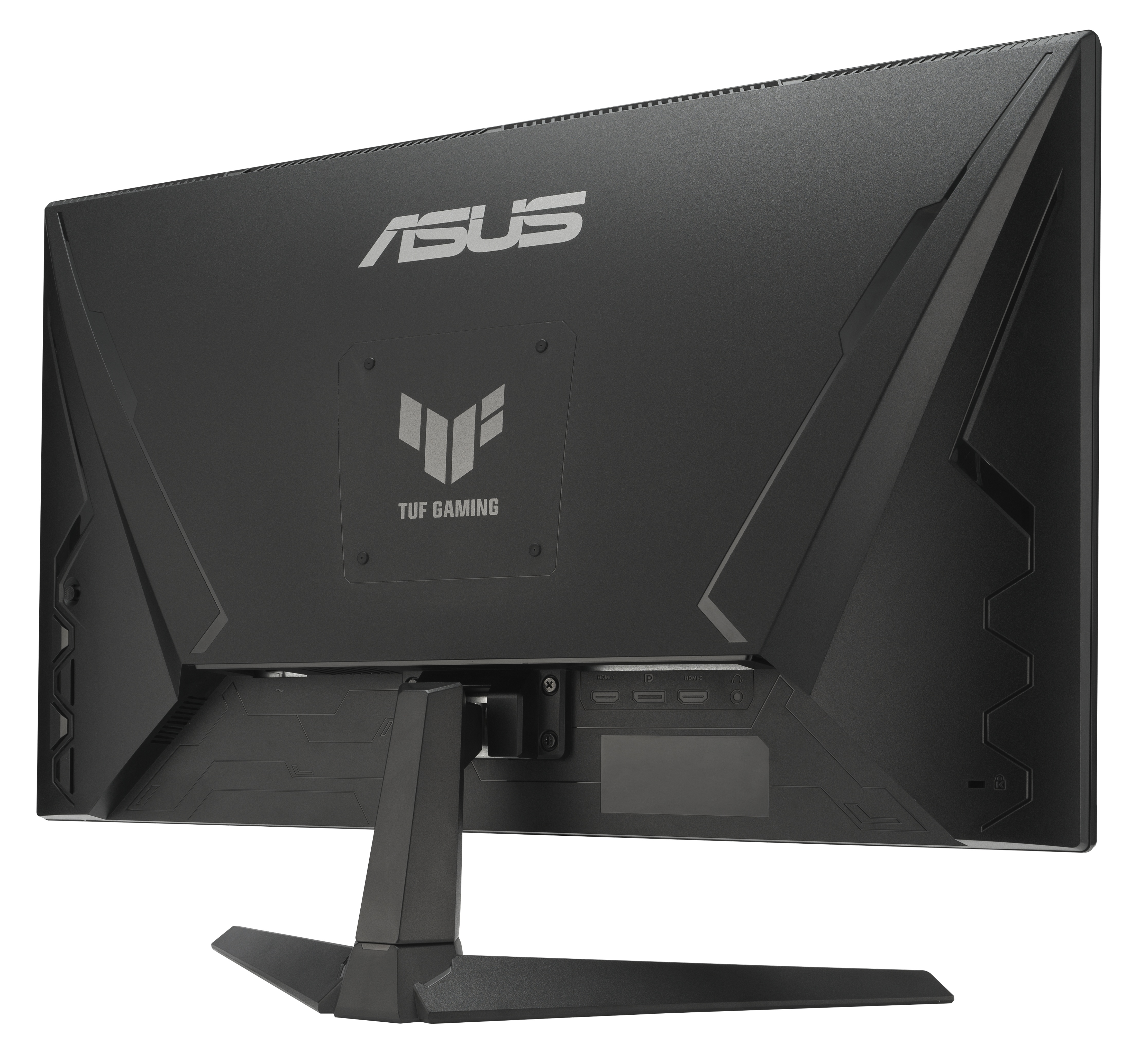 Tył czarnego monitora ASUS TUF Gaming. Posiada logo, porty i podstawkę. Tło jest białe.