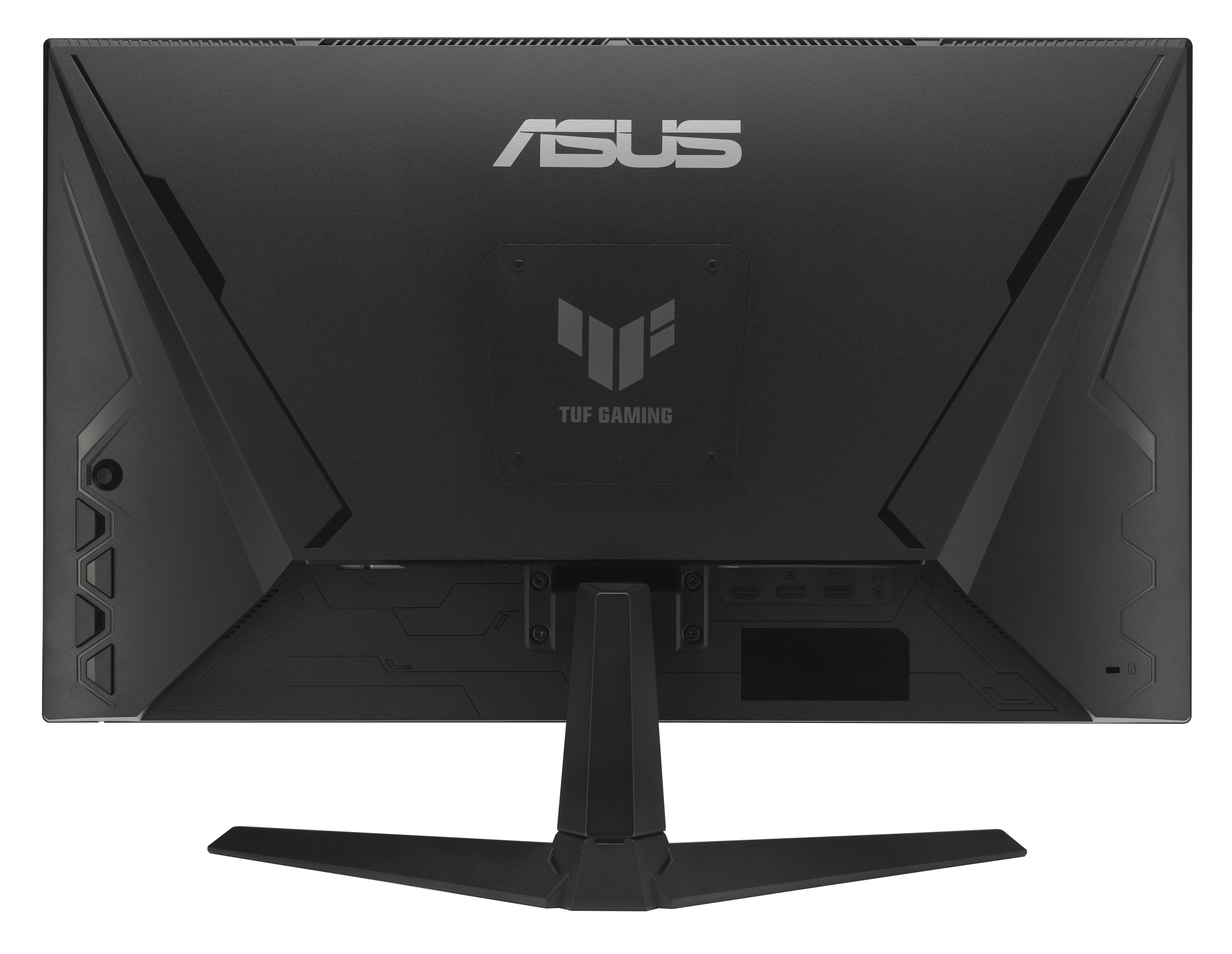 Czarny tył monitora z logo ASUS i TUF GAMING, portami i podstawką.