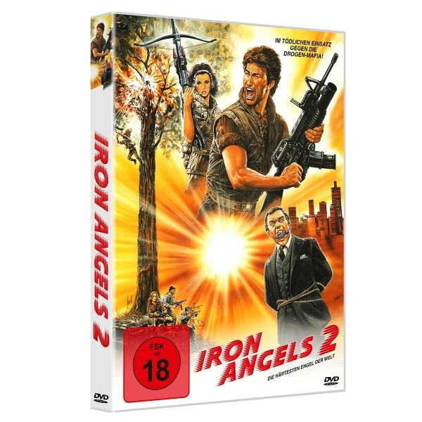 DVD-Cover für 'Iron Angels 2'. Zeigt Actionfiguren mit Waffen und einer Armbrust. Ein Mann ist geknebelt. Text auf Deutsch.
