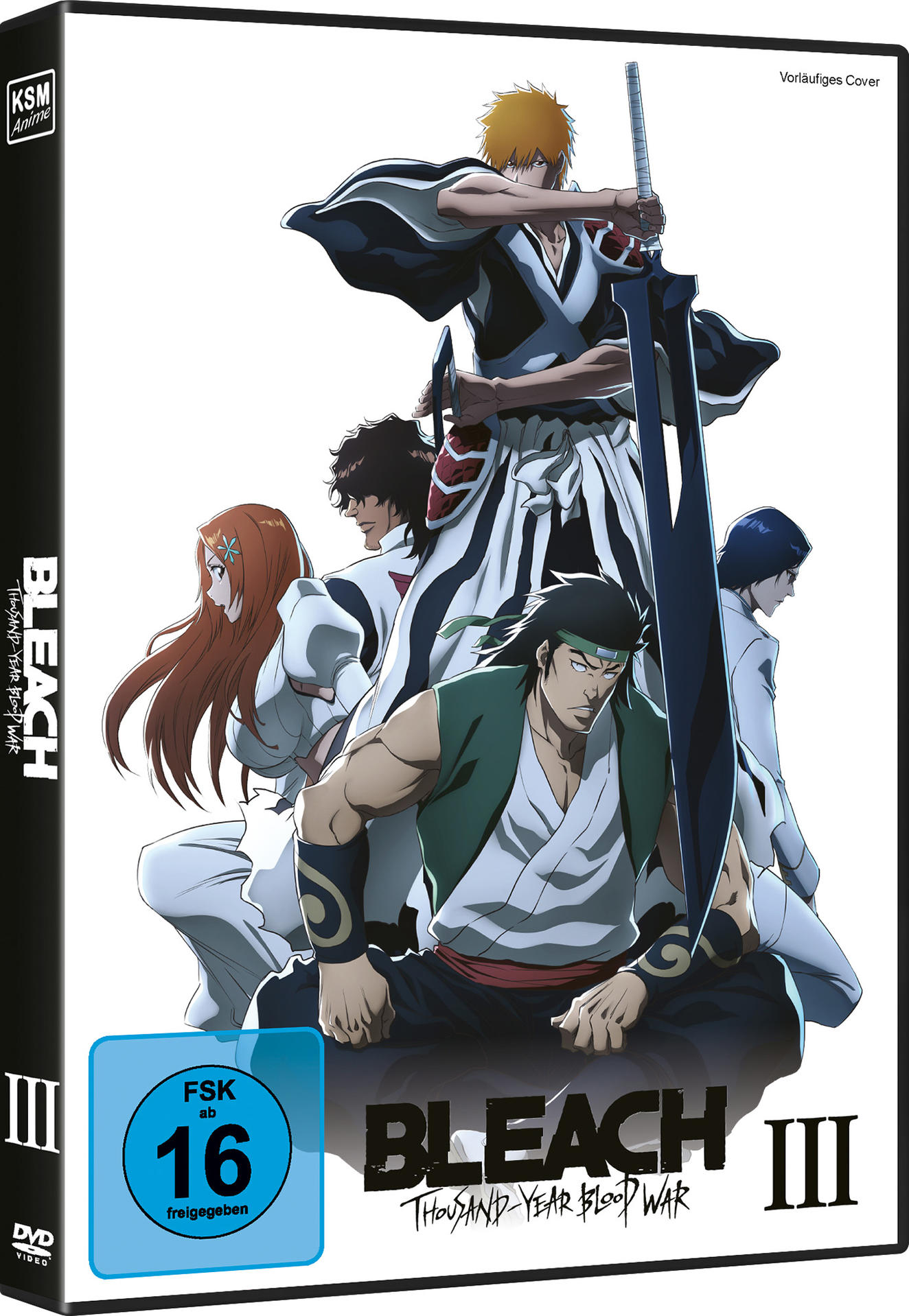 Anime-DVD-Cover mit mehreren Charakteren, die Schwerter schwingen. Titel: Bleach Thousand-Year Blood War. Altersfreigabe 16. Schwarze, weiße und blaue Farben.