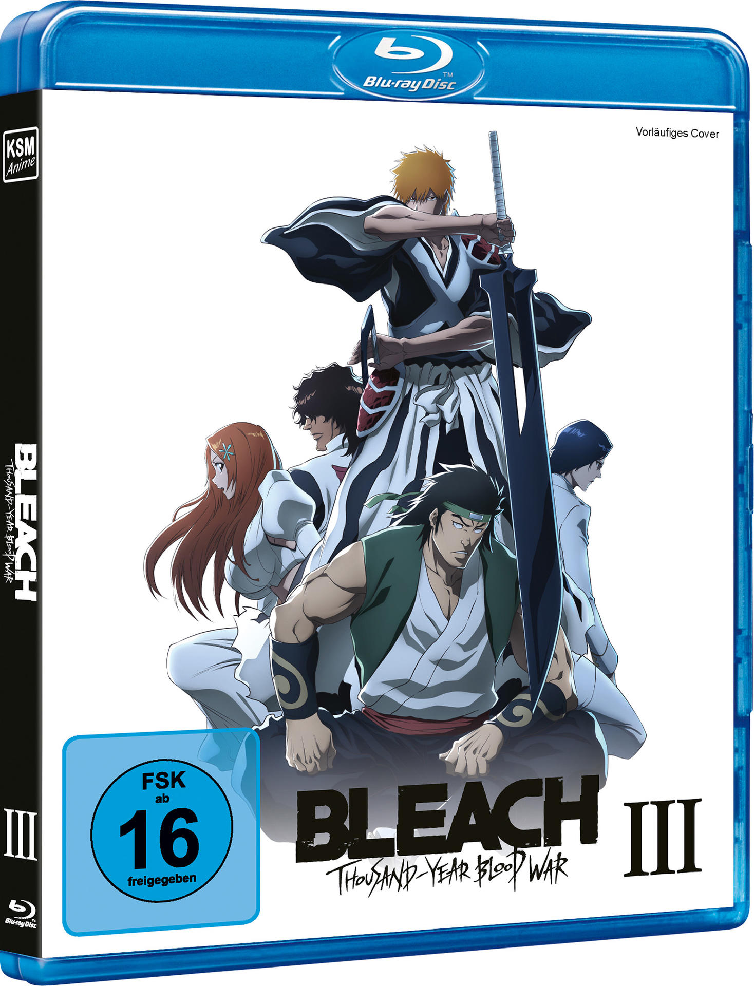 Blu-ray-Cover von Bleach: Thousand-Year Blood War. Mehrere Charaktere mit Schwertern dargestellt. Das Cover ist blau, mit Text auf Englisch.