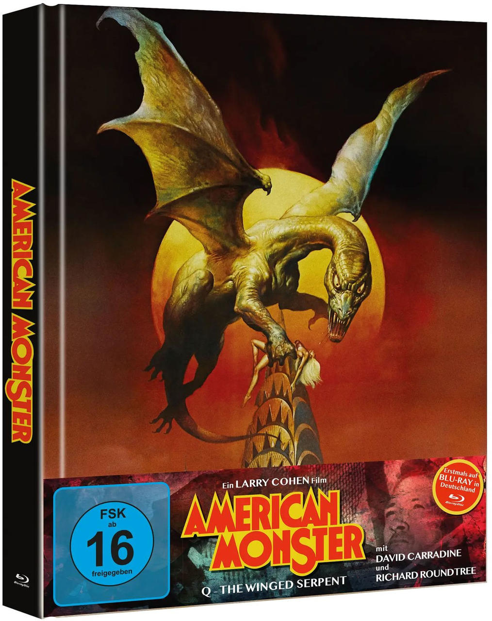 DVD-Cover. Ein geflügeltes Monster greift eine Frau an. Im Hintergrund eine große Sonne. Der Titel lautet 'American Monster'.