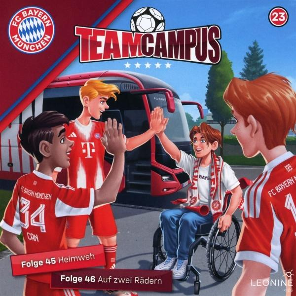 Illustration von Fußballspielern, die sich vor einem Bus abklatschen. Ein Spieler sitzt im Rollstuhl. Text lautet „Team Campus“ und „FC Bayern“.