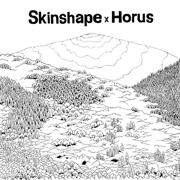 Schwarz-Weiß-Illustration einer Berglandschaft mit Bäumen und einem Gipfel. Oben steht Skinshape x Horus.