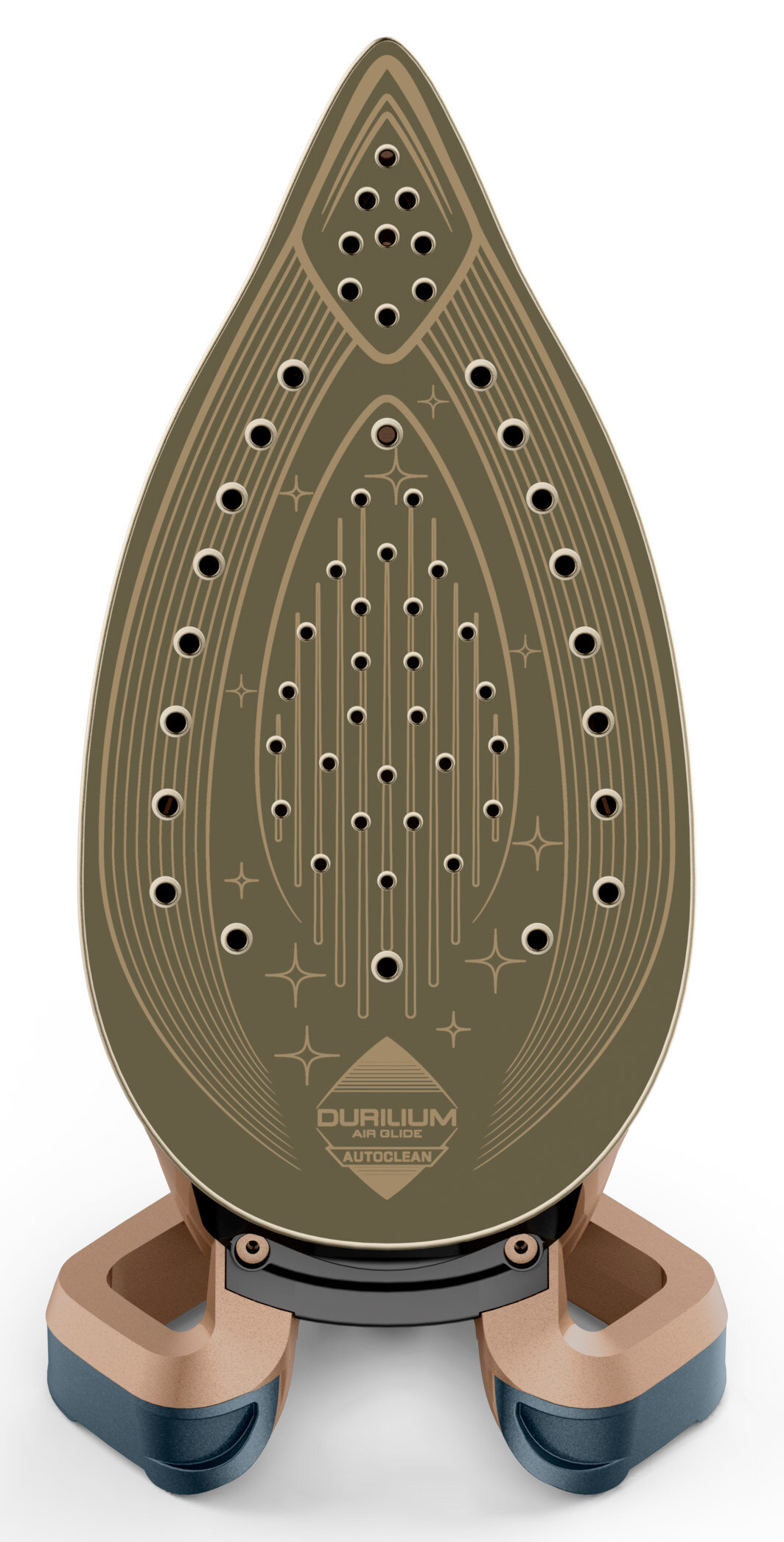 Żelazko z brązową i oliwkowozieloną stopą. Ma wiele otworów i linii. Podstawa jest brązowa i niebieska. Tekst: Durilium Air Glide Autoclean.