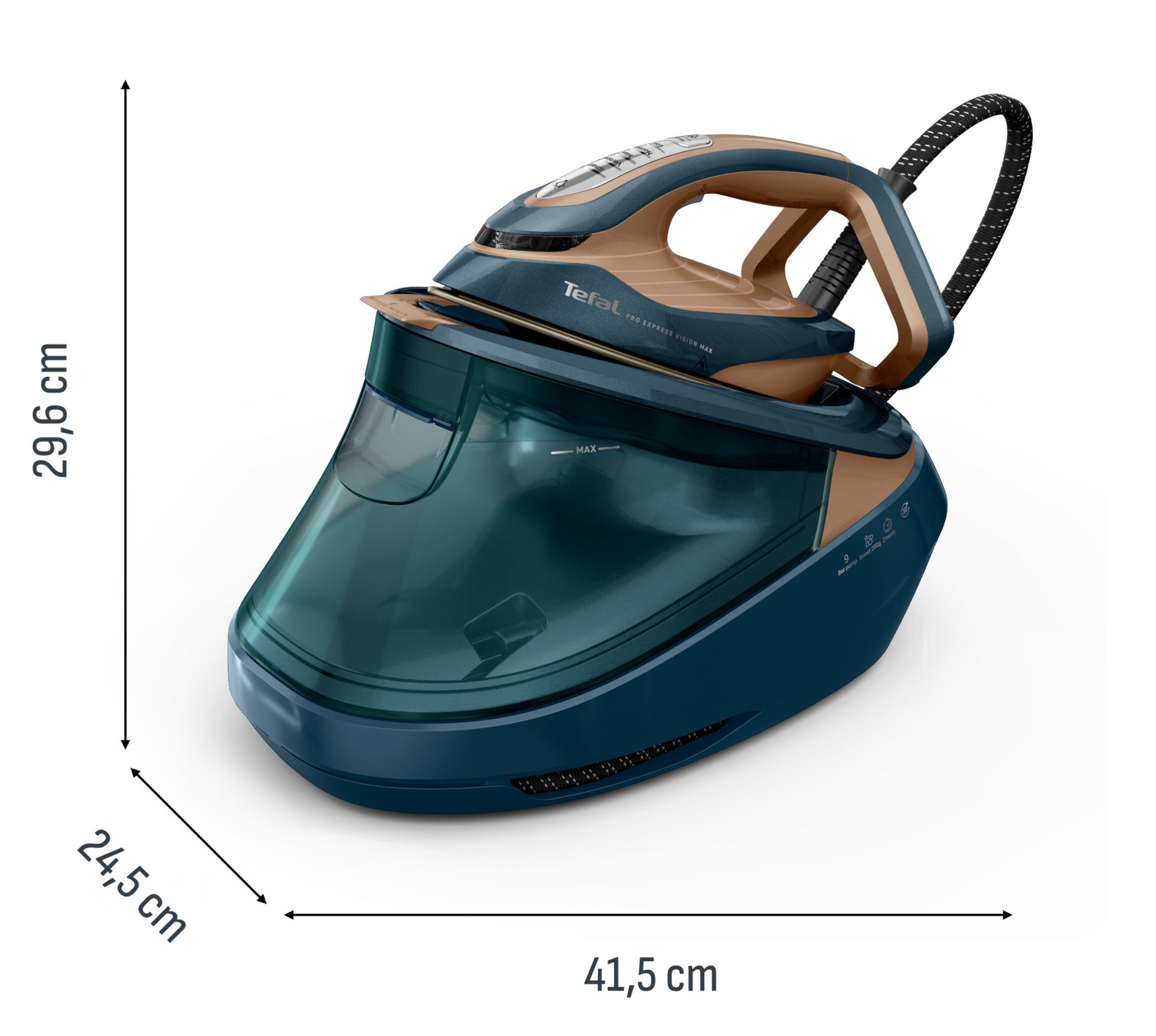 Niebiesko-złote żelazko Tefal ze zbiornikiem na wodę. Wymiary są wskazane. Żelazko jest na białym tle.