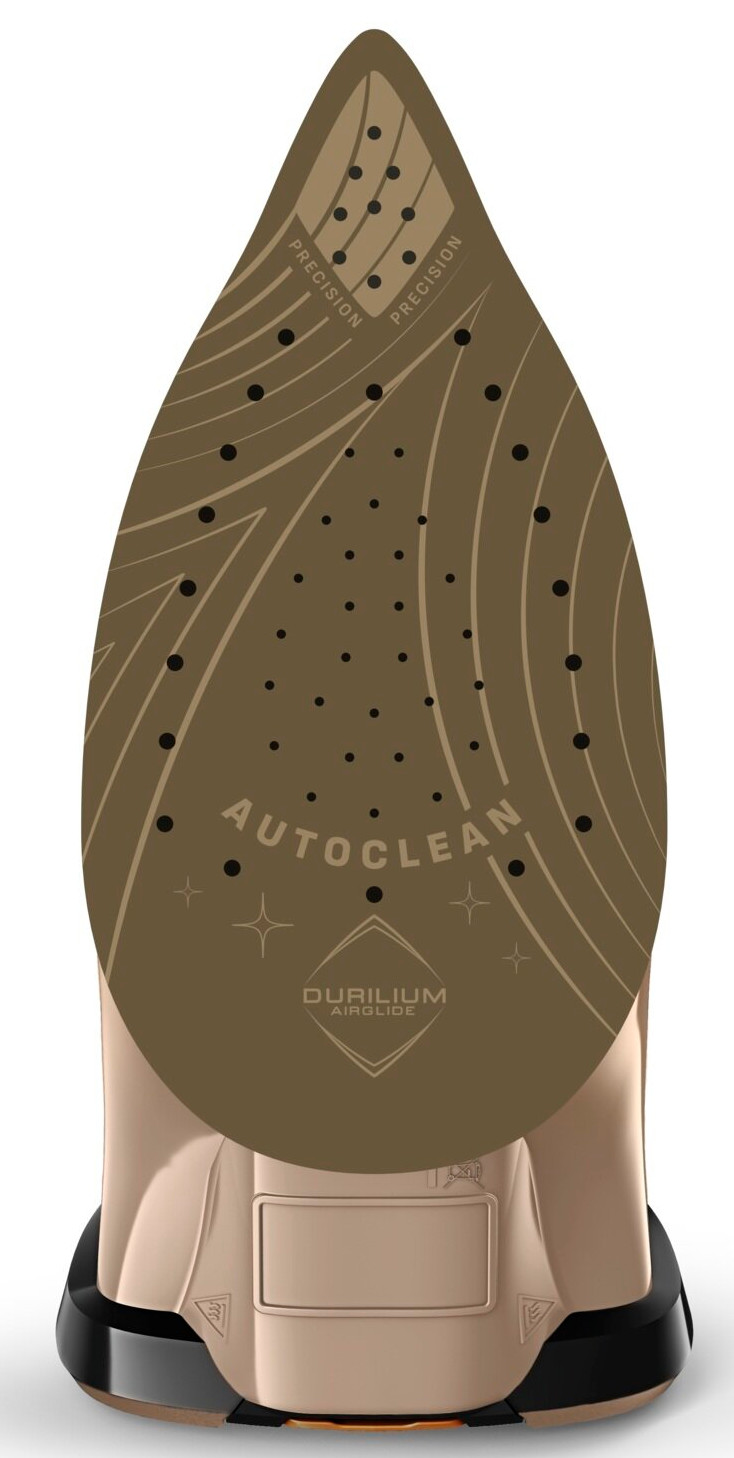 Zbliżenie złotego żelazka. Stopa żelazka ma napis 'AUTOCLEAN' i 'DURILIUM AIRGLIDE'. Szczegóły obejmują kropki, linie i słowo 'PRECISION'.