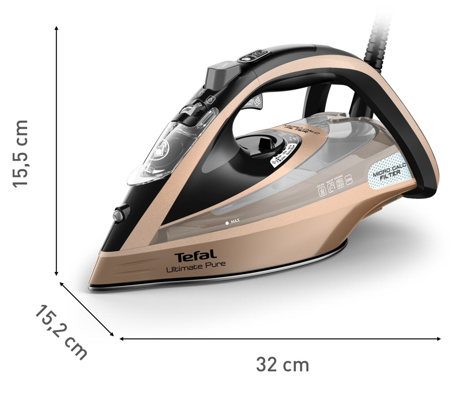 Żelazko Tefal Ultimate Pure, czarne i złote, z wymiarami. Posiada zbiornik na wodę i filtr Micro Calc, oznaczone MAX i BOOST.