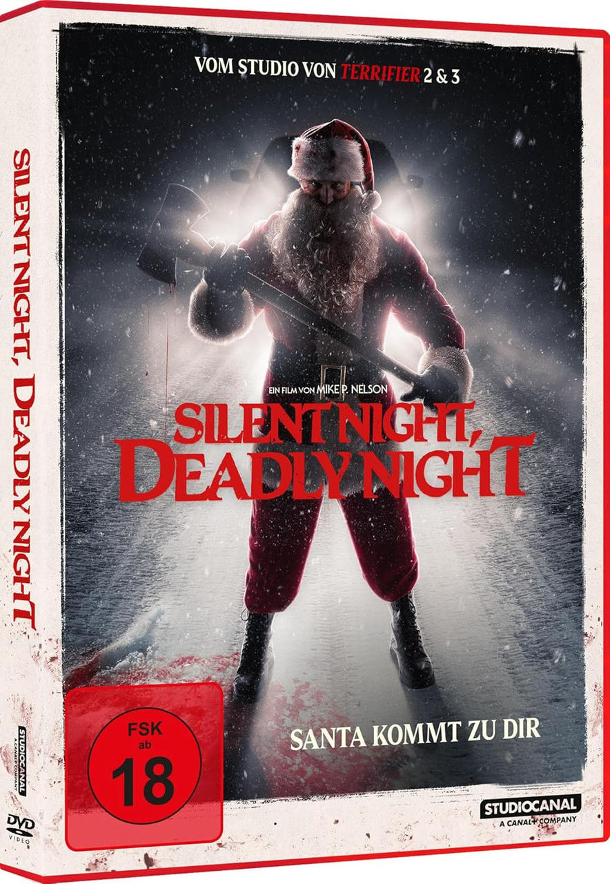 DVD-Cover: Weihnachtsmann mit Axt, Titel 'Silent Night, Deadly Night' und rotes '18'. Schnee und verschneiter Hintergrund.