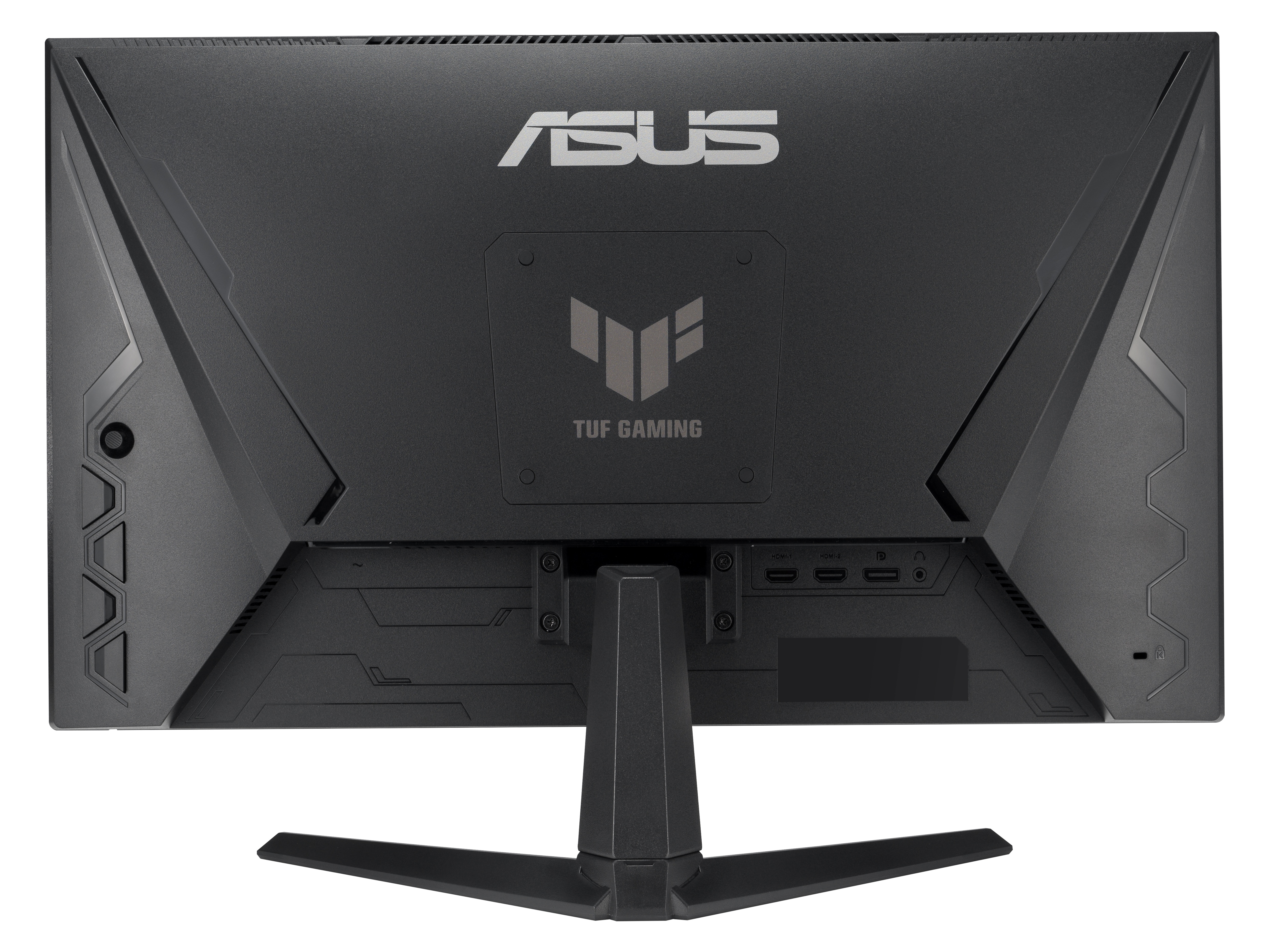 Tył czarnego monitora ASUS. Logo ASUS znajduje się na górze, poniżej logo TUF GAMING.