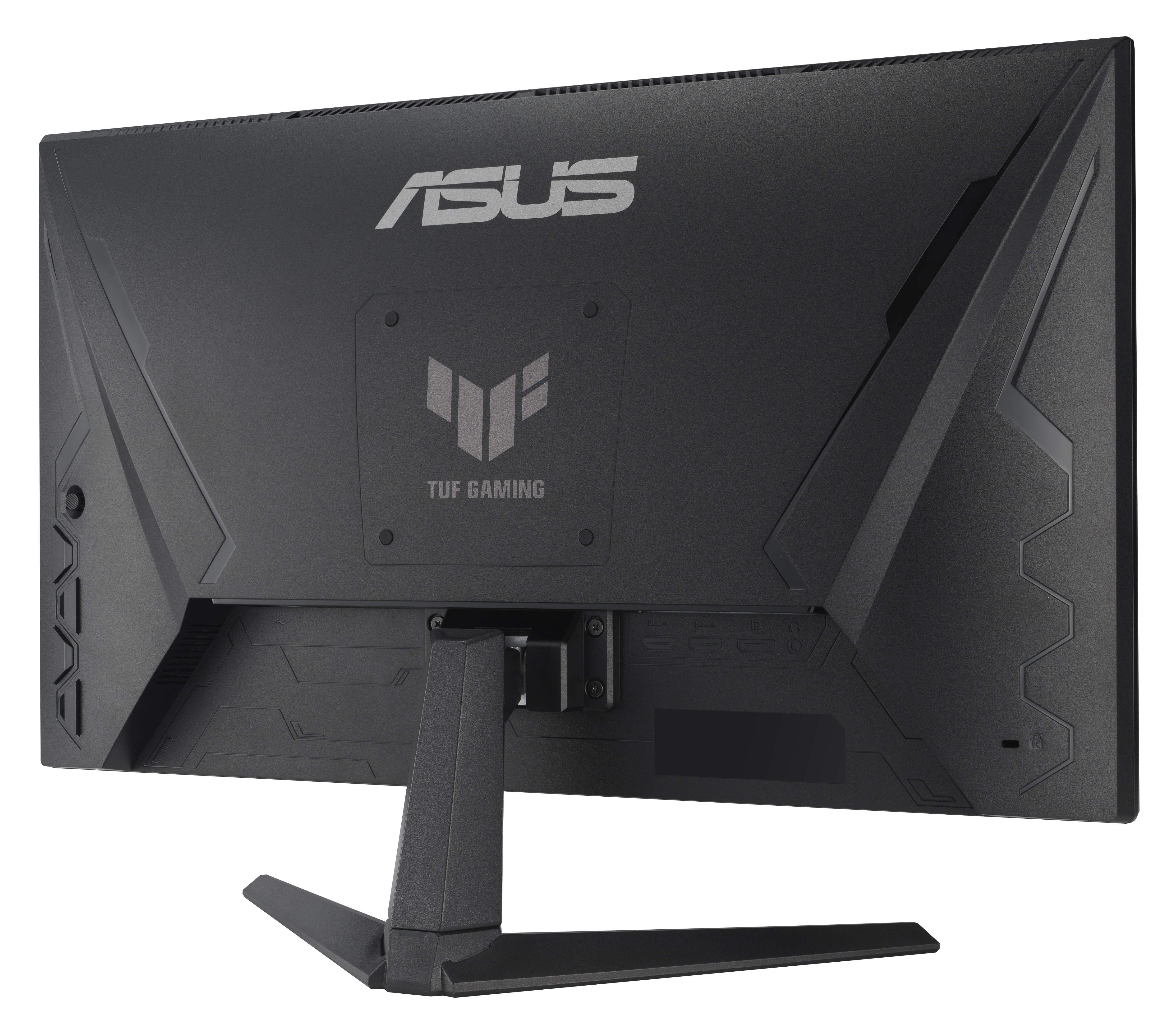 Tył czarnego monitora do gier ASUS TUF. Posiada logo ASUS, logo TUF GAMING i podstawkę.