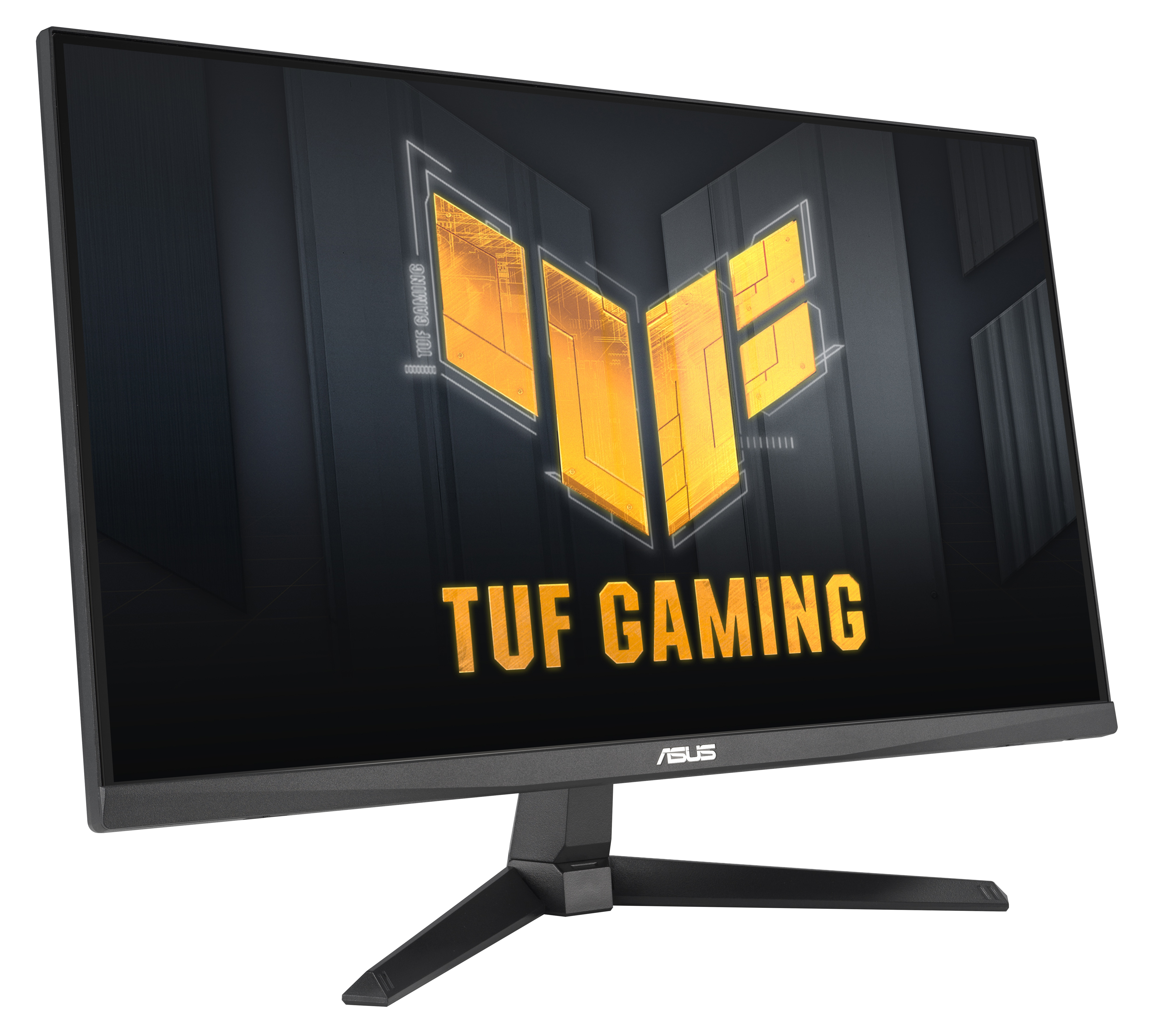 Czarny monitor komputerowy ze złotym logo i napisem 'TUF GAMING' na ekranie.